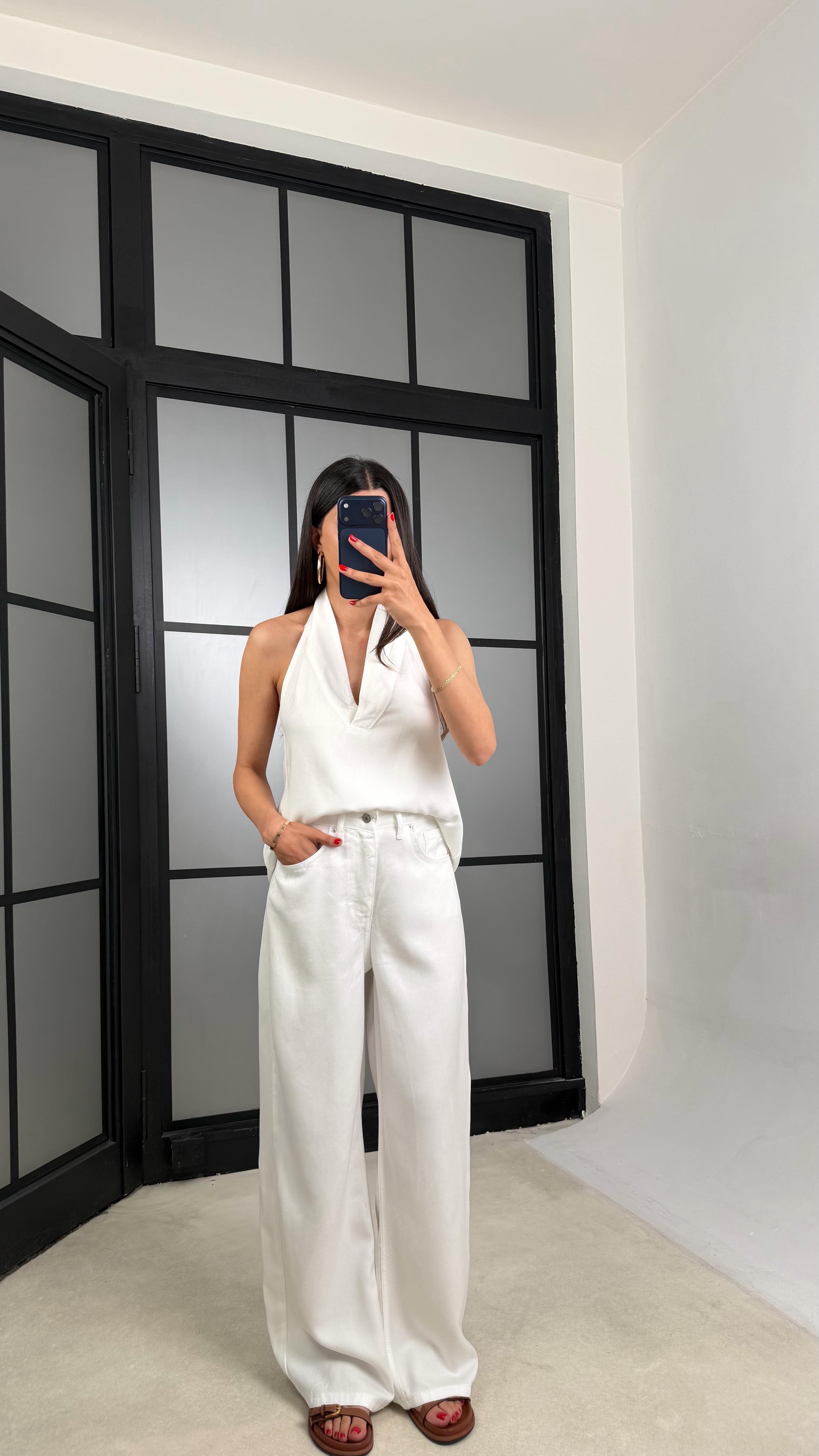 Beyaz Halter Yaka Tencel Denim Takım GAUS-01520GAUSTAKIMGAUS-01520