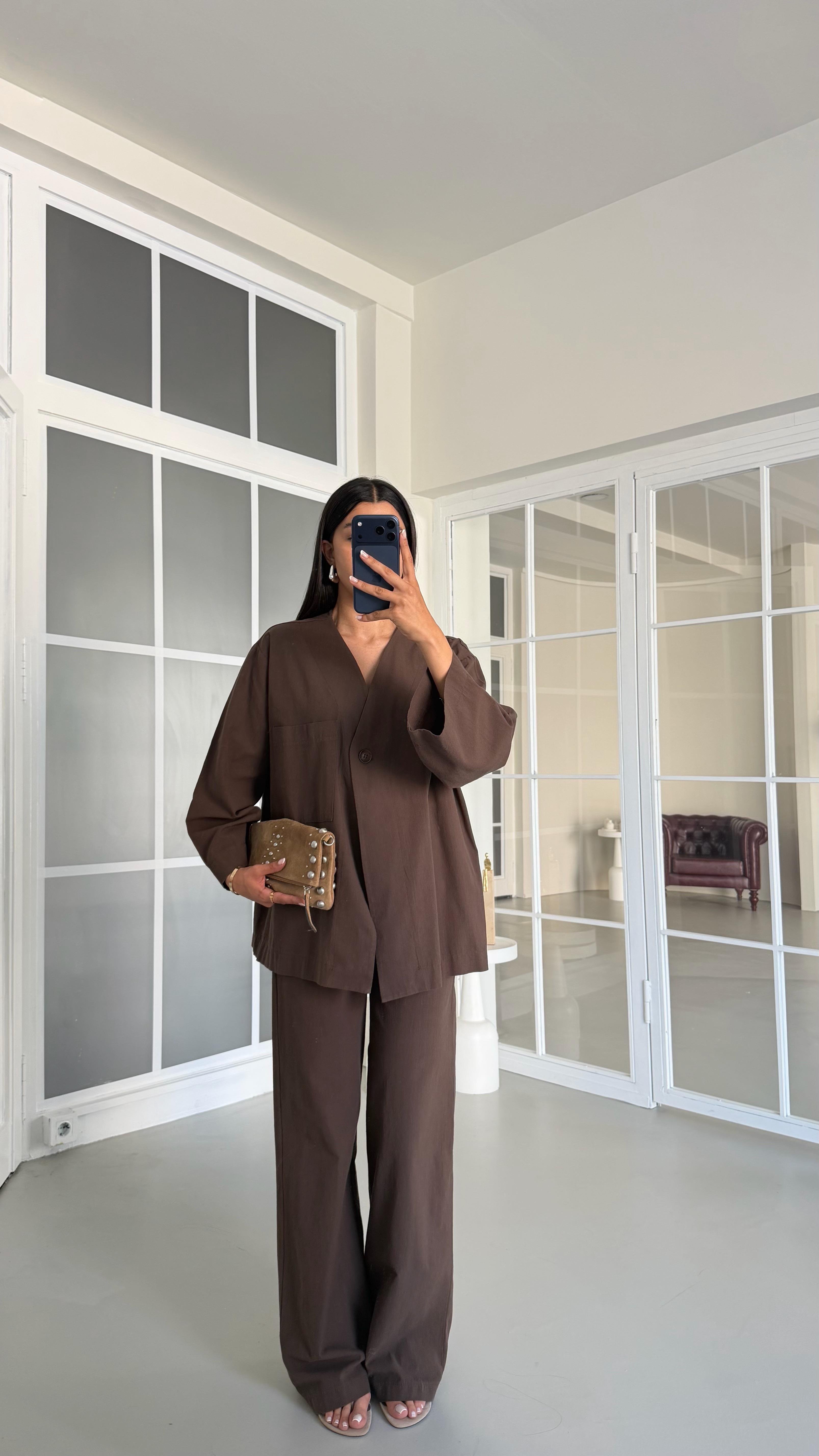 Kahve Kimono Beli Lastikli Pantolon İkili Keten Takım GAUS-01491GAUSTAKIMGAUS-01491