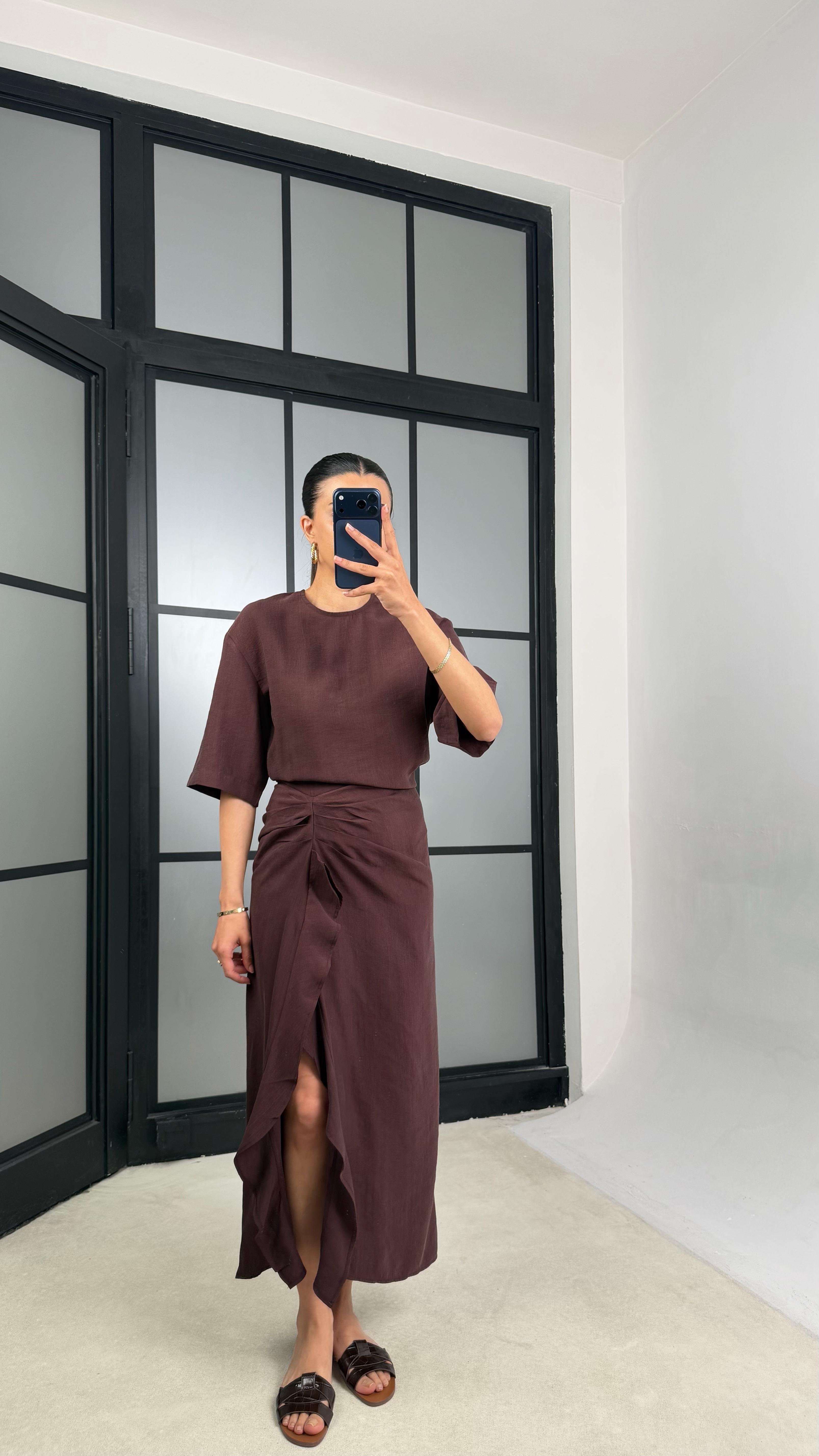 Bordo Yırtmaç Detaylı Tencel Elbise GAUS-01405GAUSELBİSEGAUS-01405