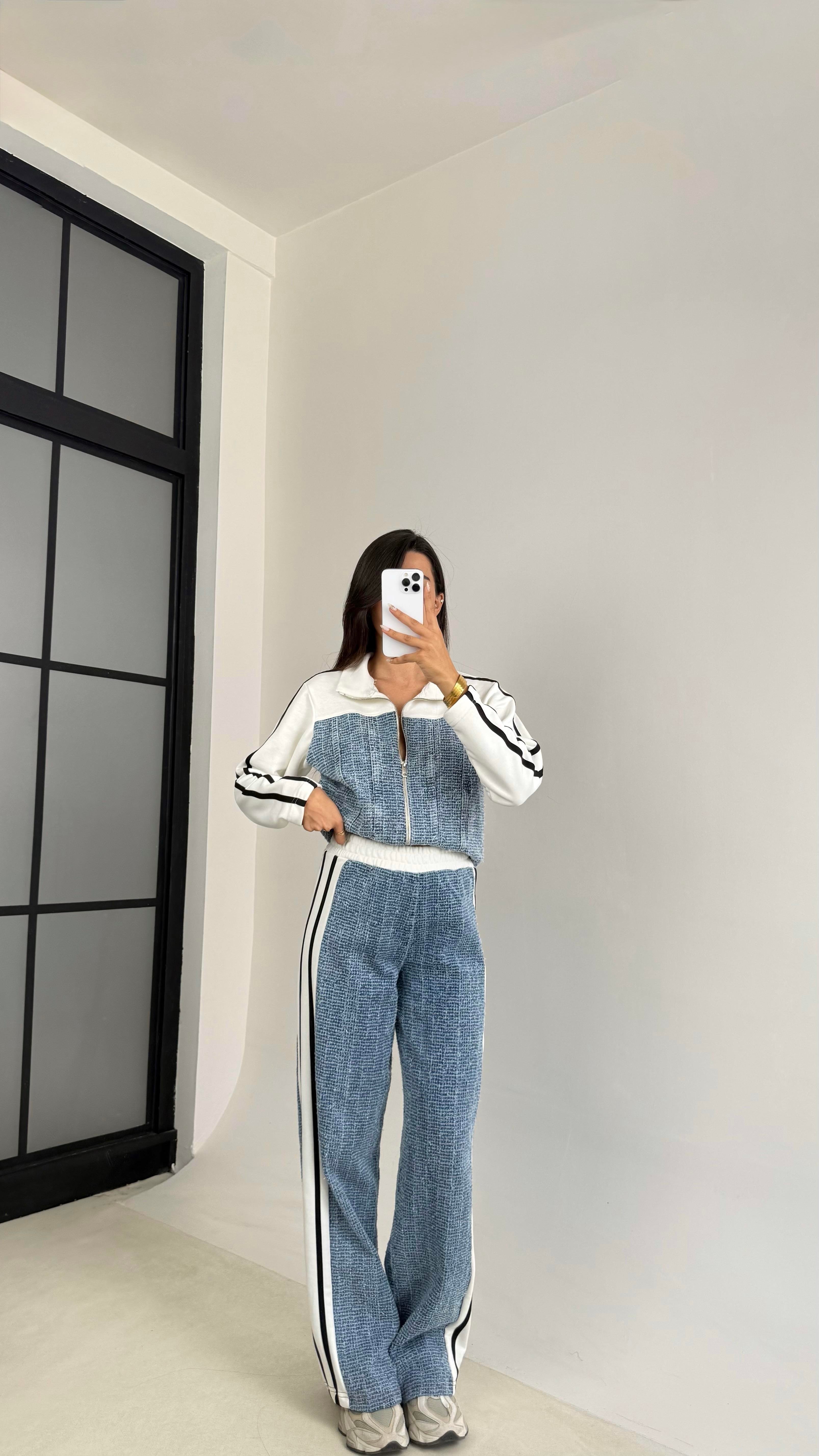 Beyaz Şeritli Denim Detaylı Hırka Beli Lastikli Pantolon İkili Takım GAUS-00113GAUSTAKIMGAUS-00113