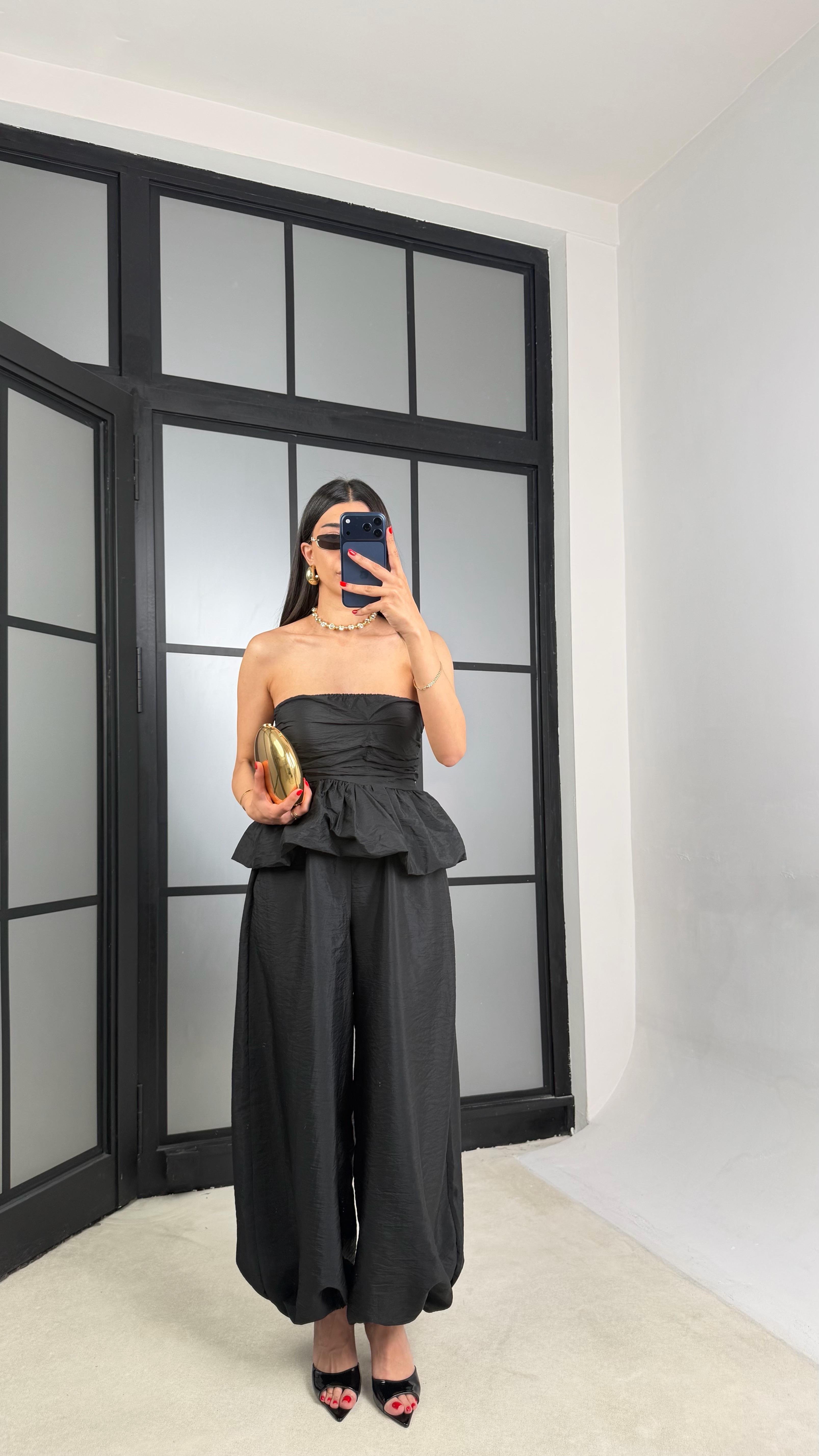 Siyah Balon Bluz Beli Lastikli Şalvar Pantolon İkili Premium Takım GAUS-01569GAUSTAKIMGAUS-01569
