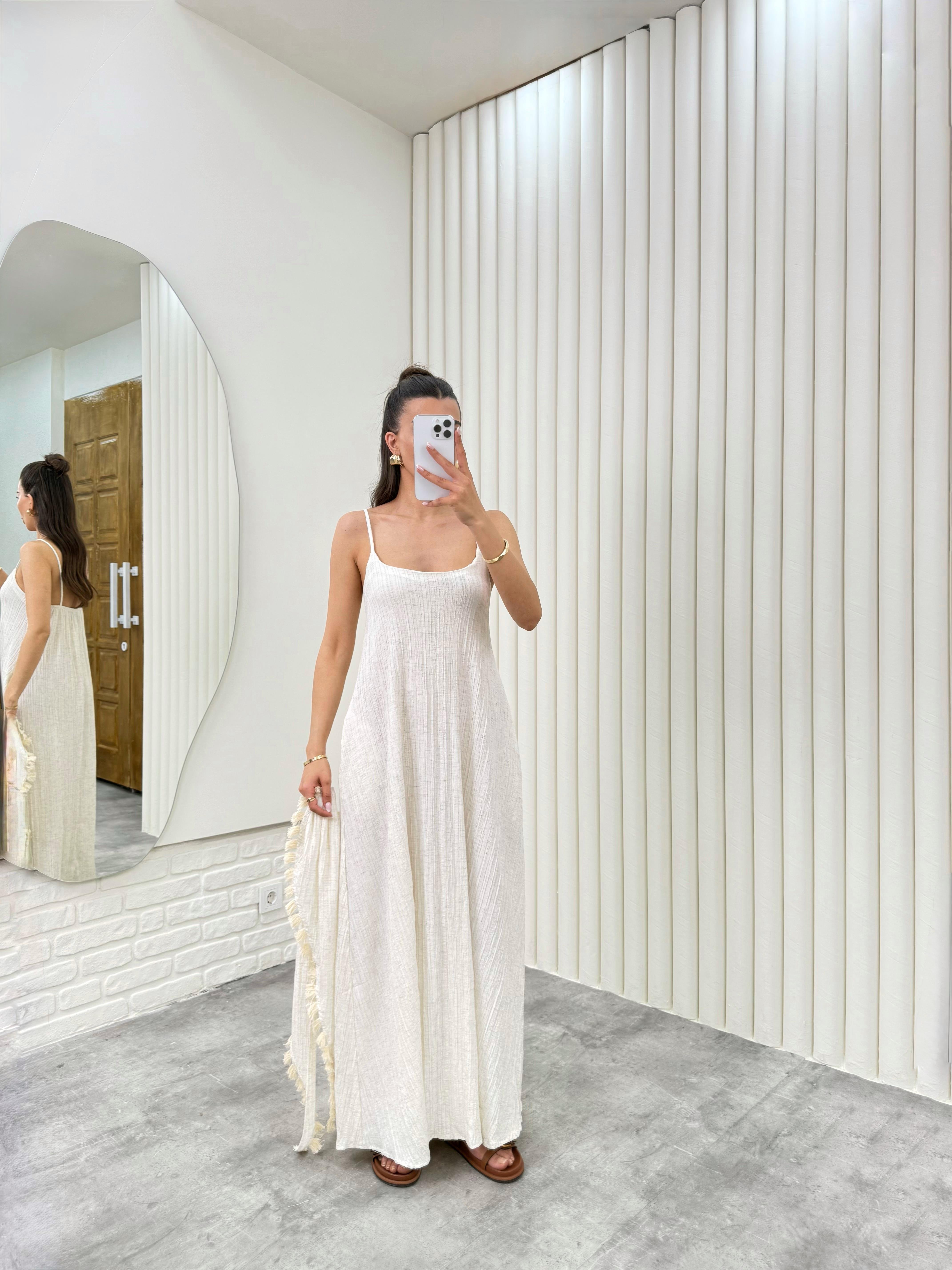 Taş Şal Aksesuarlı Astarlı Cepli Keten Elbise Gaus00309GausELBİSEGU1001708