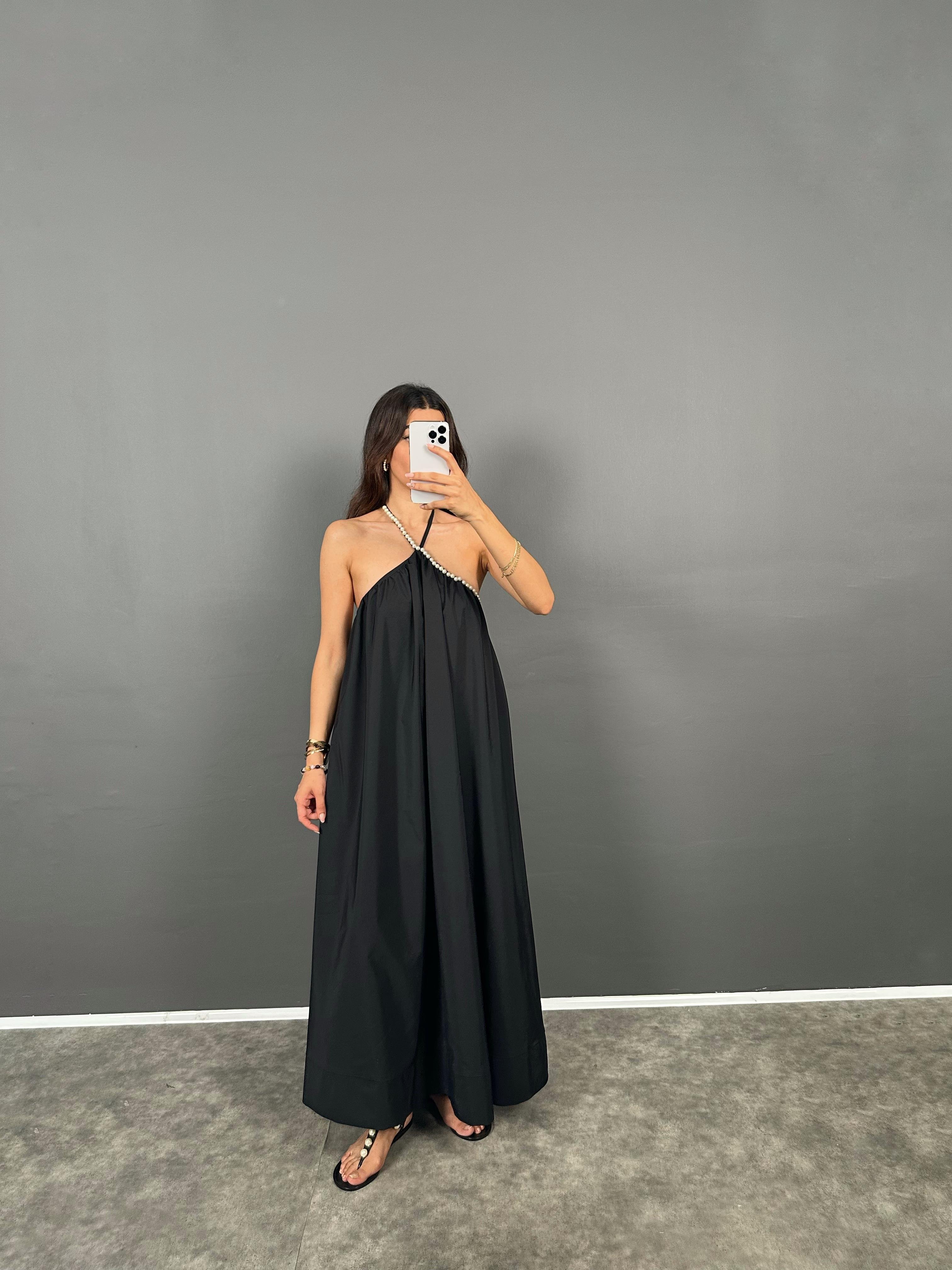 Jany Siyah Boyundan Bağlamalı İncili Poplin ElbiseGausELBİSEGU008784
