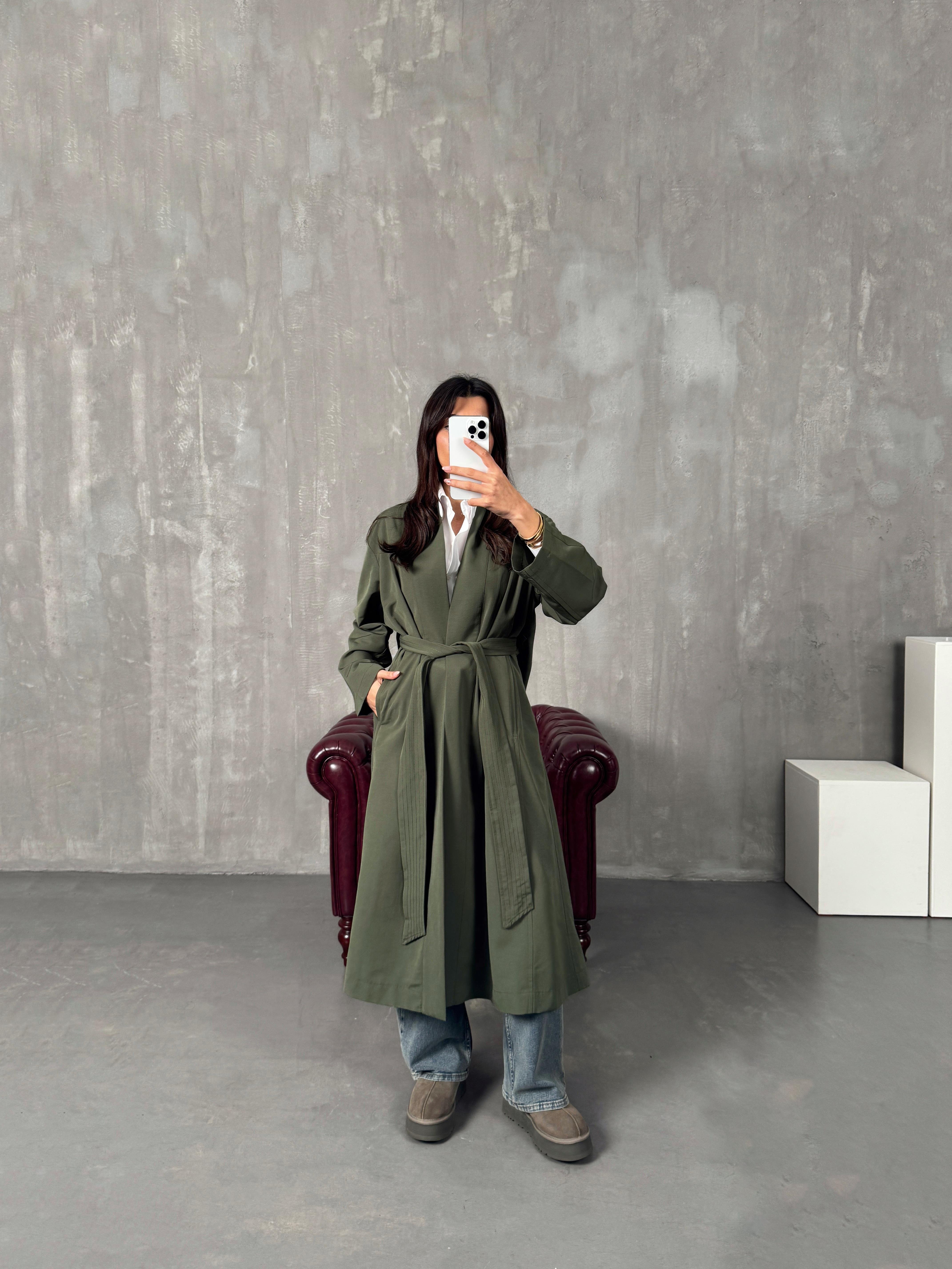 Sindy ZR Haki Muadil Premium Astarsız Kuşaklı Trençkot