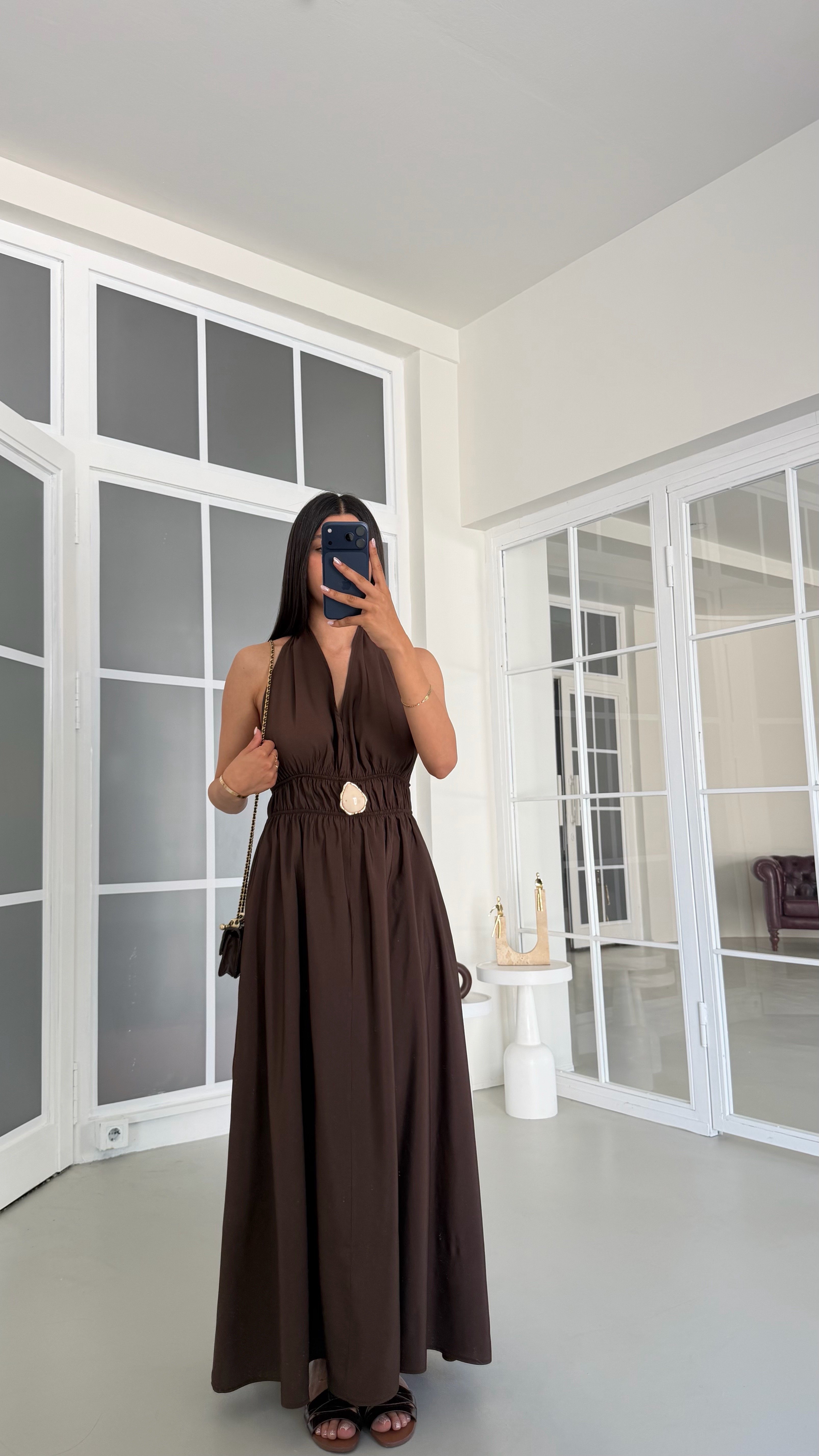 Acı Kahve Boyundan Bağlamalı Beli Lastikli Toka Detaylı Cepli Tencel Elbise GAUS-01798GAUSELBİSEGAUS-01798