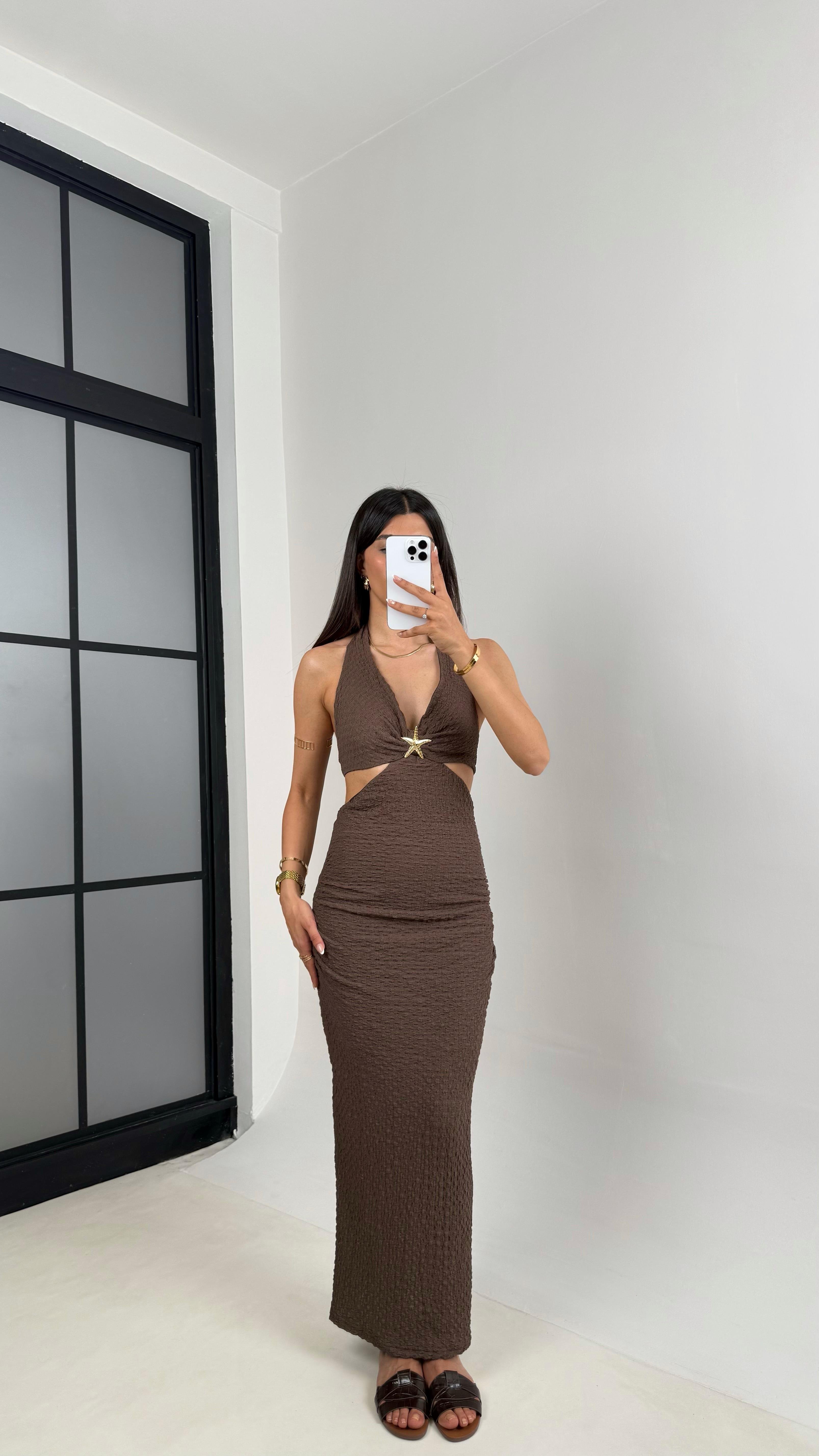 Kahve Boyundan Bağlamalı Astarlı Gold Yıldız Tokalı Dekolteli Bürümcük Elbise Gaus00582GausELBİSEGU1002358