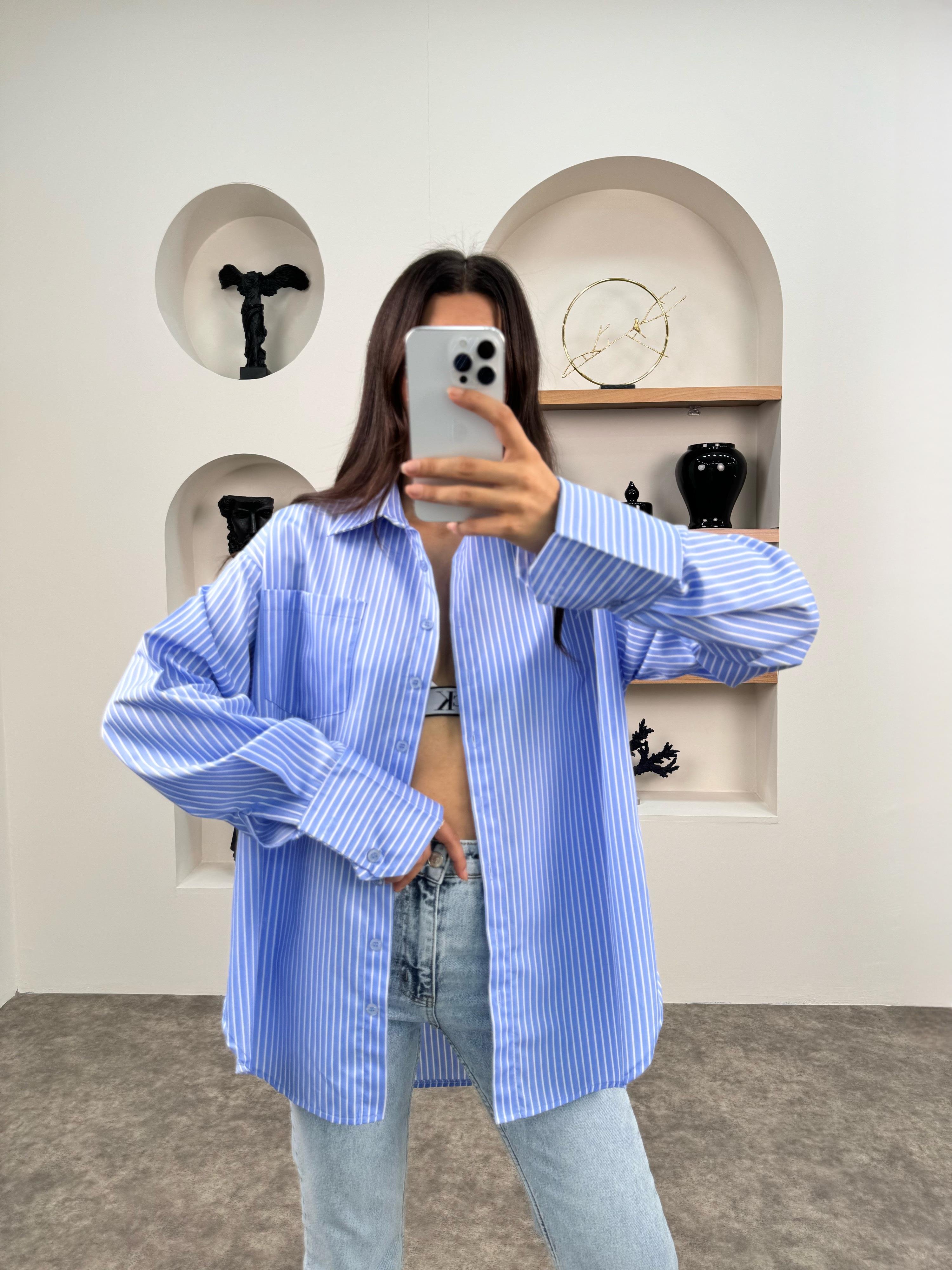 Lesa Mavi ZR Model Çizgili Oversize Gömlek