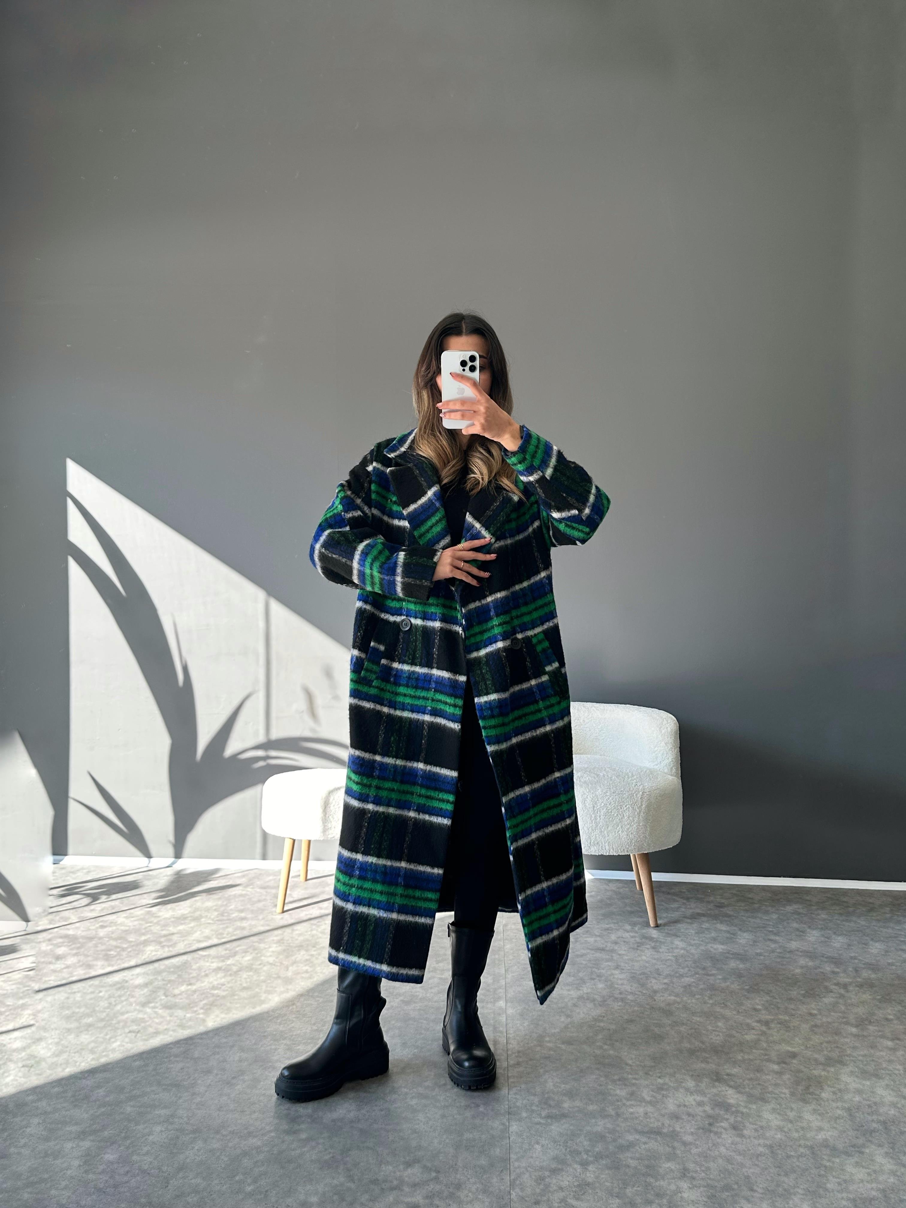 Premium Mavi Ekose Astarlı Uzun Kaban GausKABANGU002856