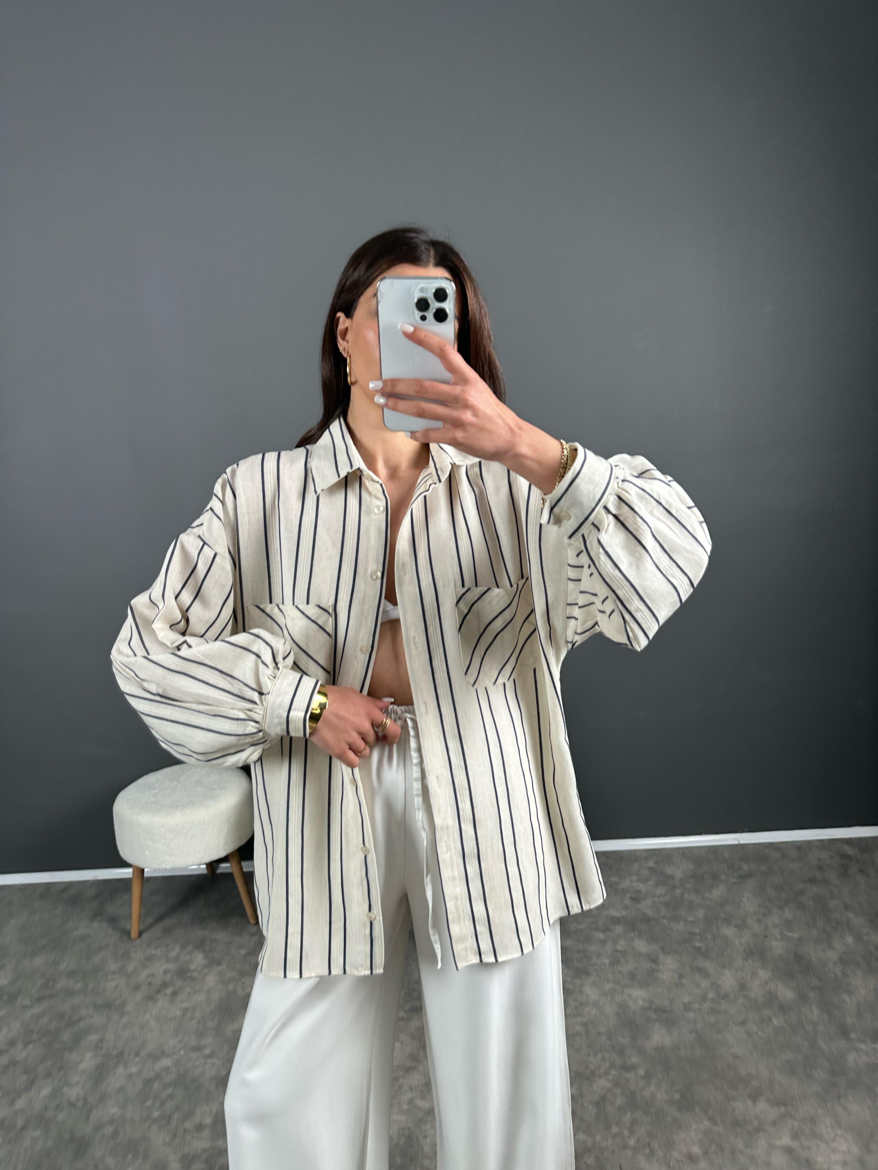 Lacivert Çizgili Keten Oversize Gömlek 