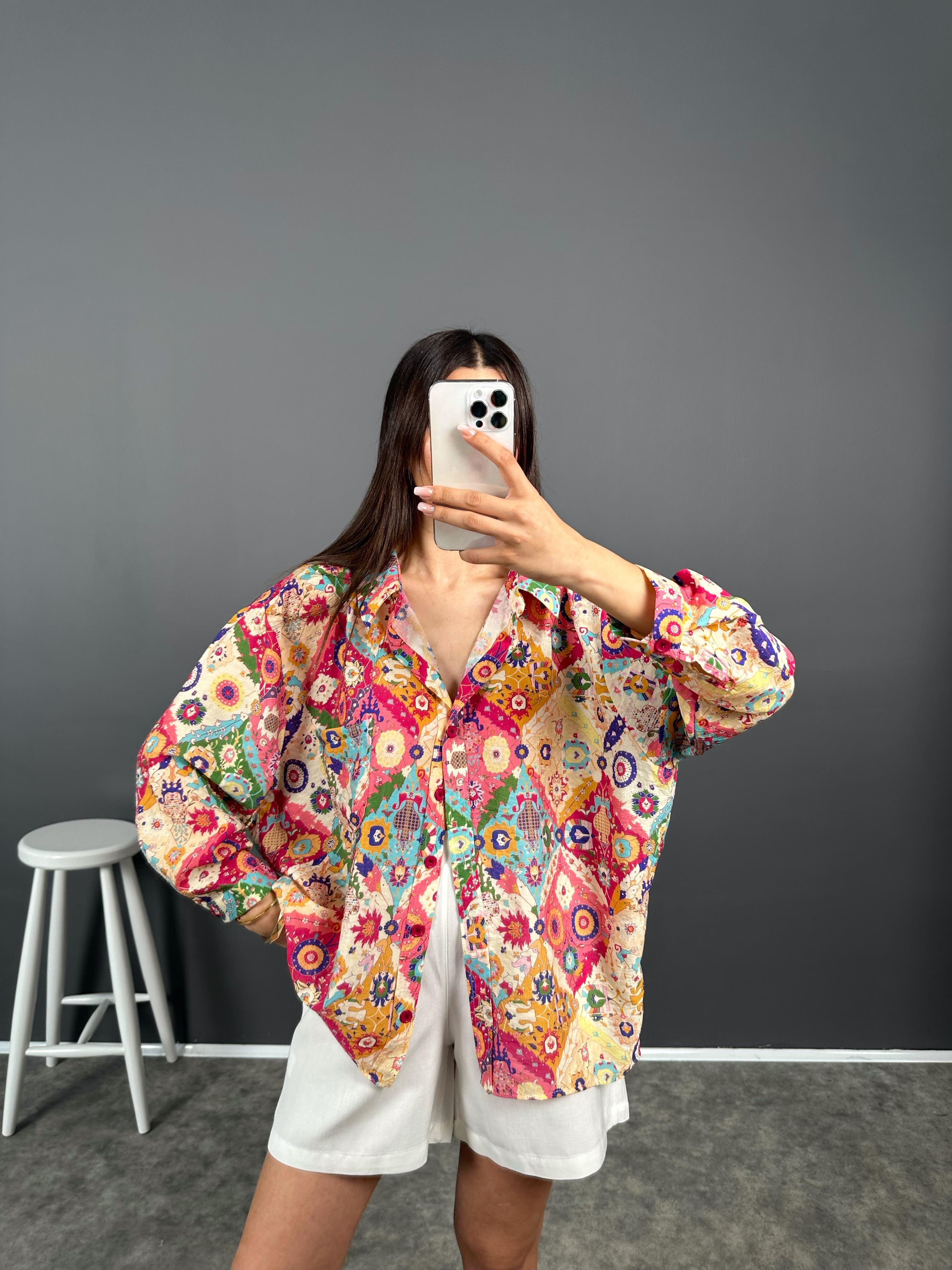 Pembe Çiçekli Çok Desenli Premium Salaş Gömlek 