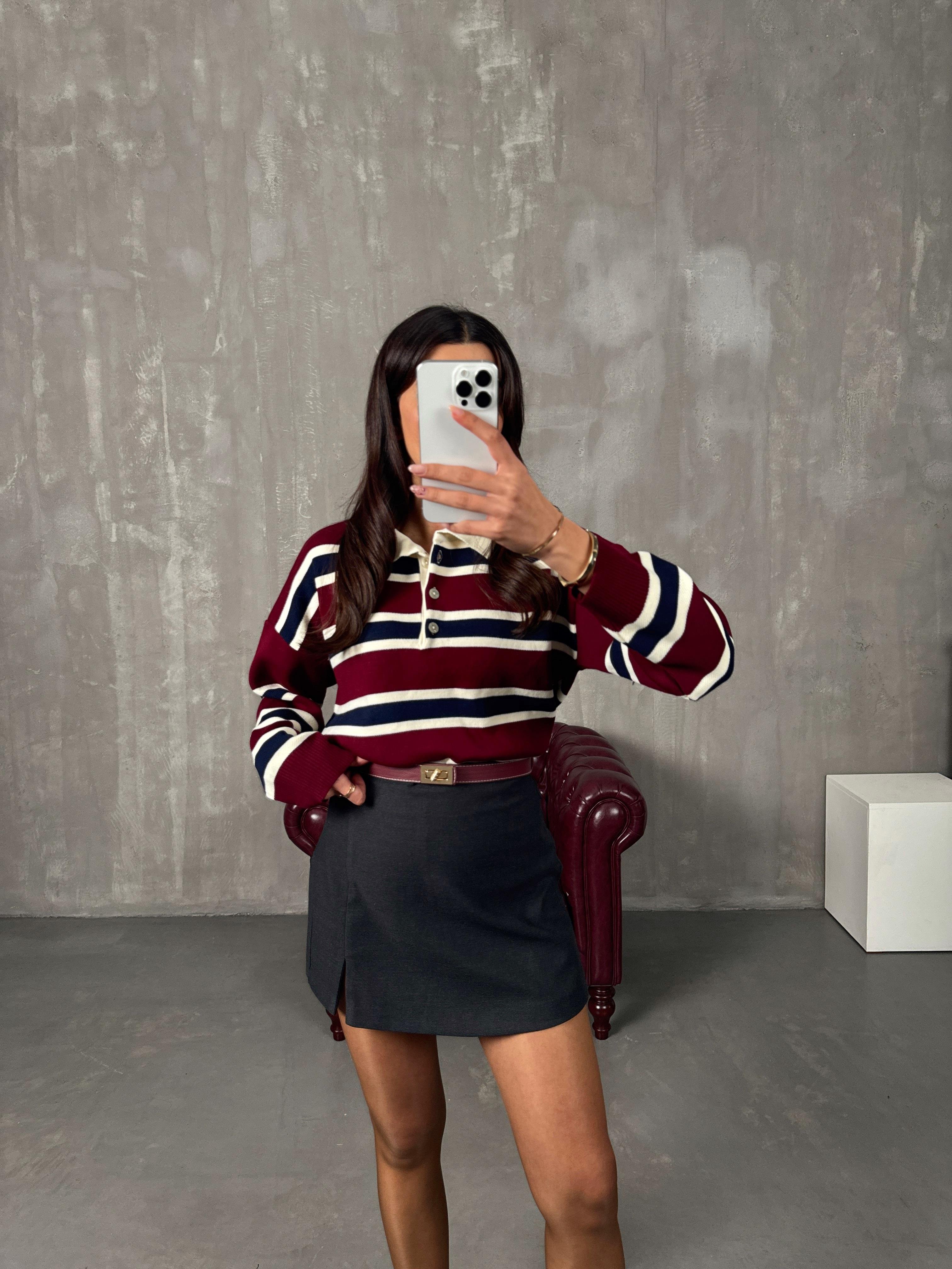 Scool Bordo Çizgili Polo Yaka Kazak