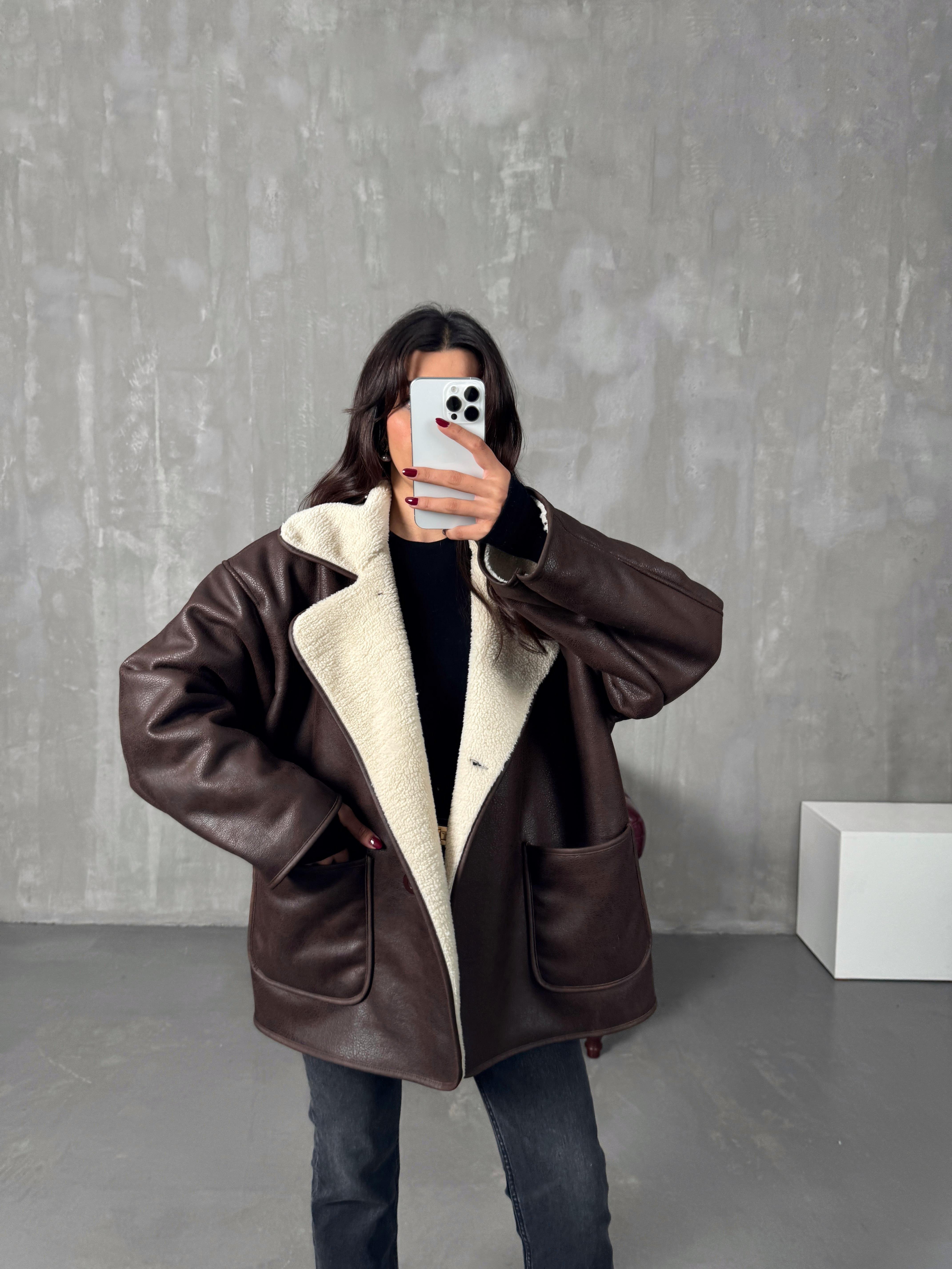 Rosen Kahve ZR Model Taş Kürklü Ceket