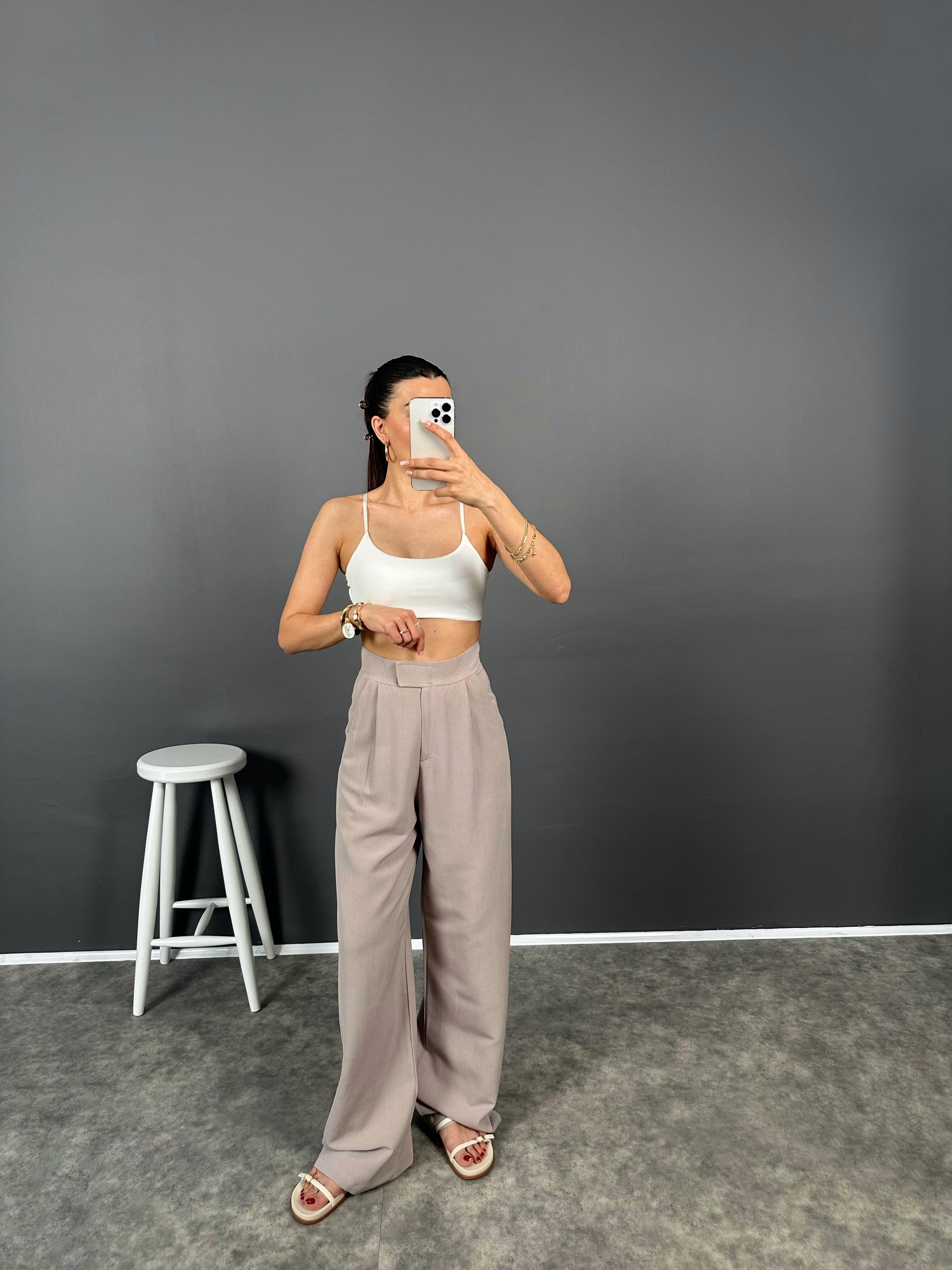 Bonum Soft Vizon Cırt Bantlı Keten PantolonGausPANTOLONGU008257