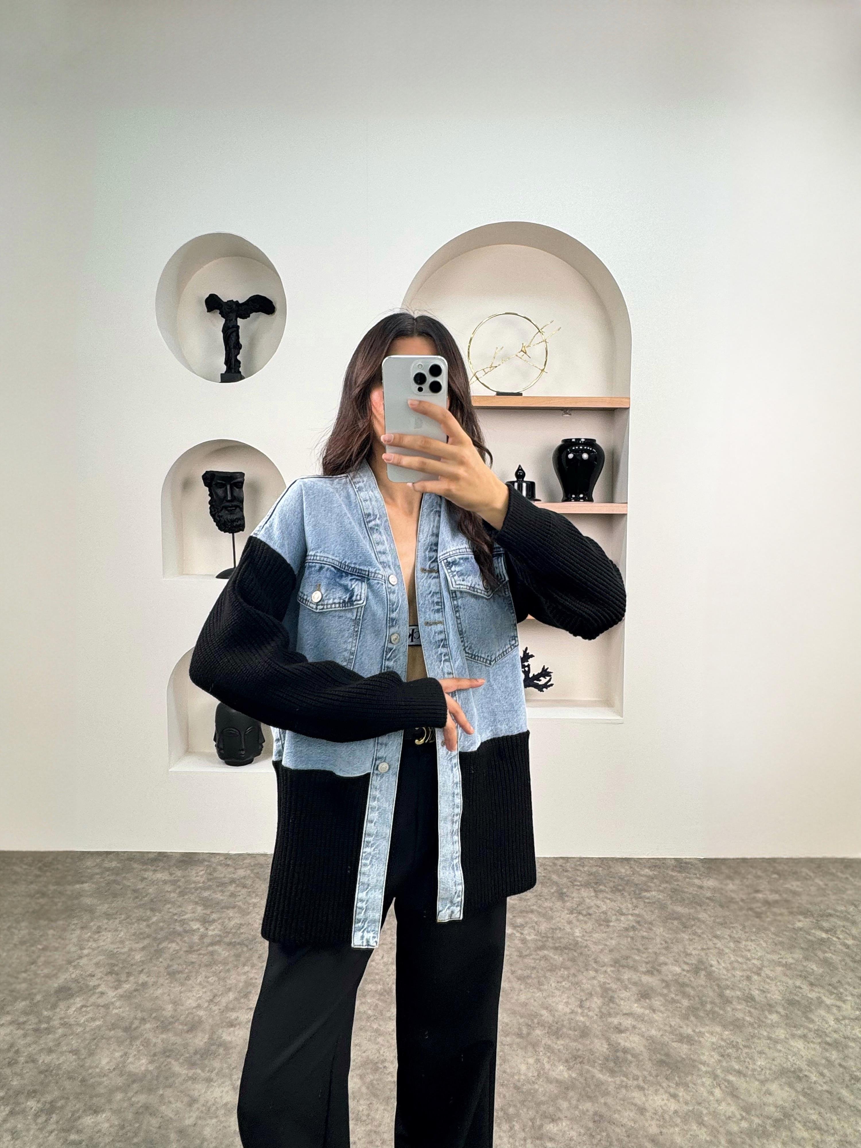 RC Triko ve Denim Karışımlı Tasarım Kot Ceket