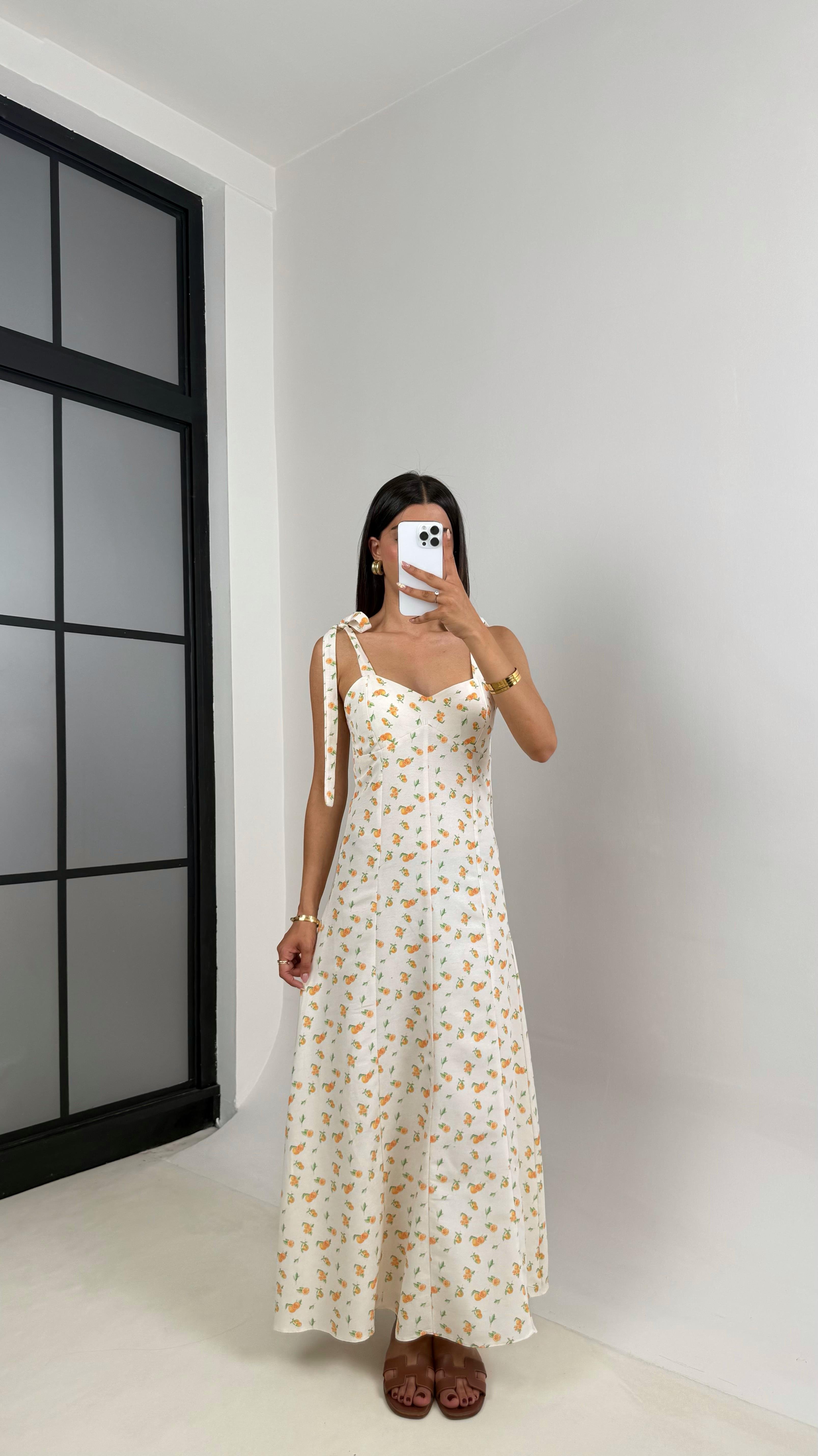 Beyaz Portakal Desenli Omuz Bağlamalı Astarlı Pinterest Keten Elbise Gaus00664GausELBİSEGU1002533