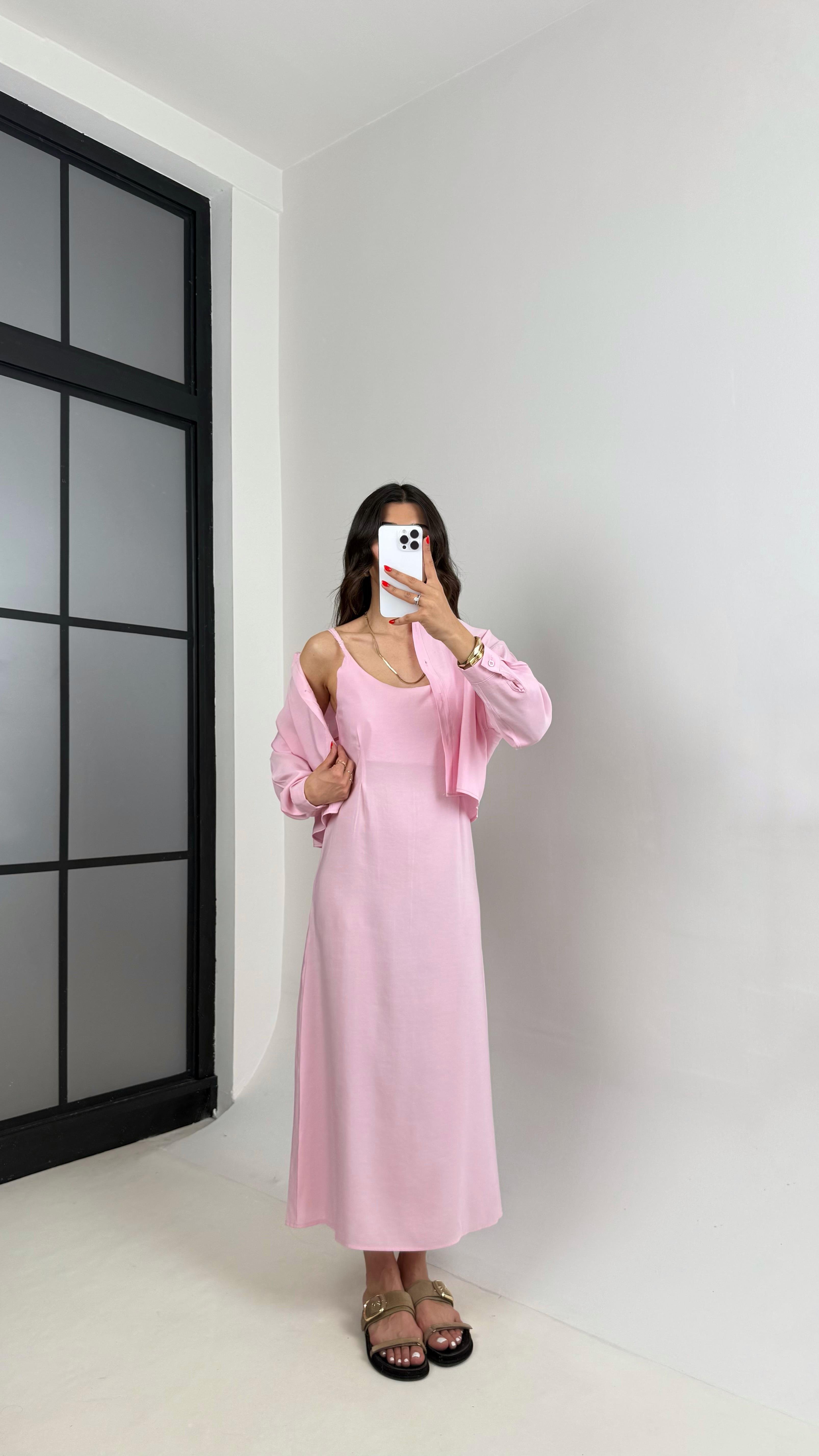 Pembe Ayarlanabilir Askılı Elbise Gömlek İkili Tensel Takım Gaus00467GausTAKIMGU1002091