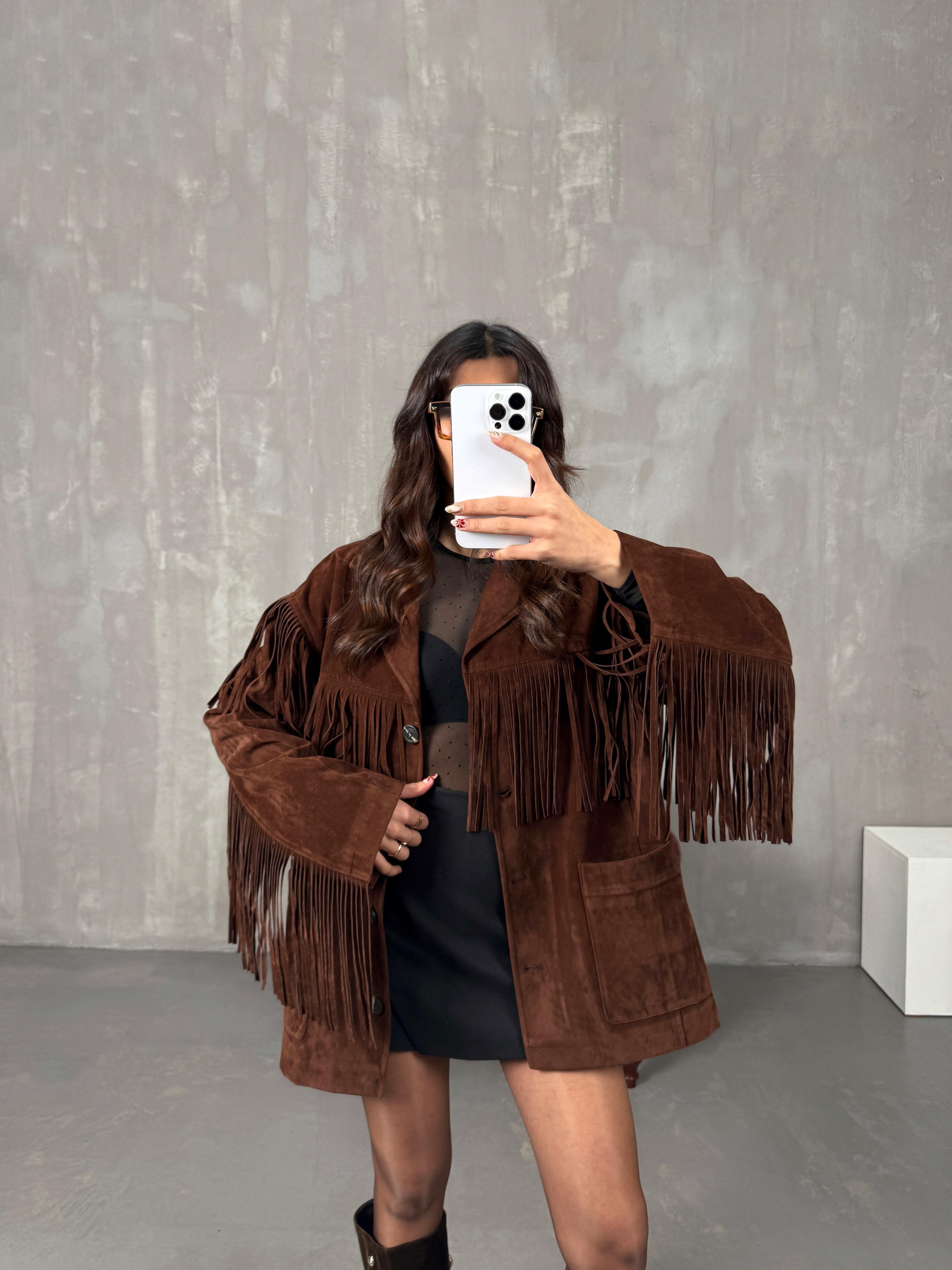 Ginera Acı Kahve MD Püskül Detaylı Astarlı Süet Ceket