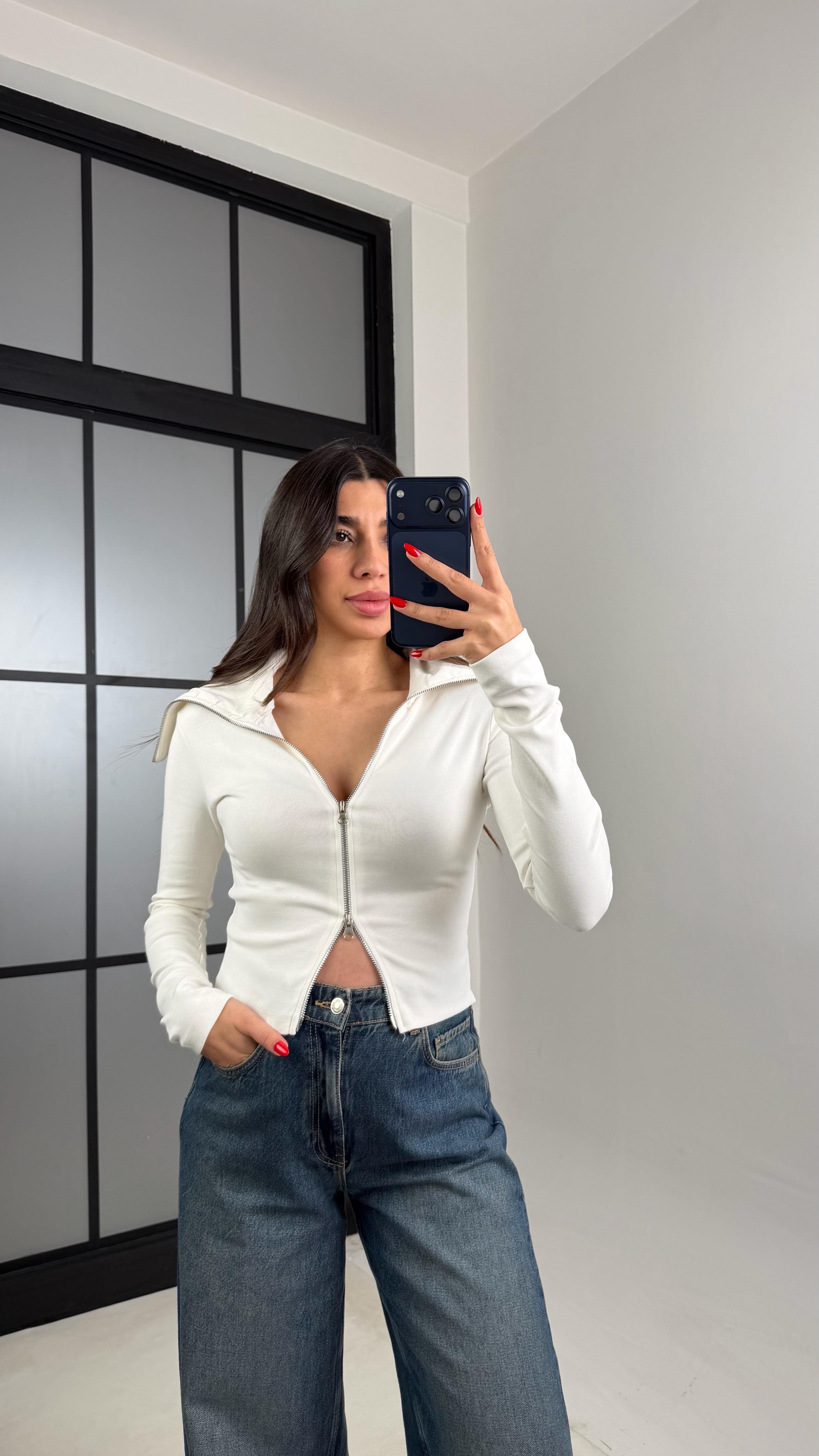 Ekru Çift Fermuarlı Bluz GAUS-00939GAUSBLUZGAUS-00939