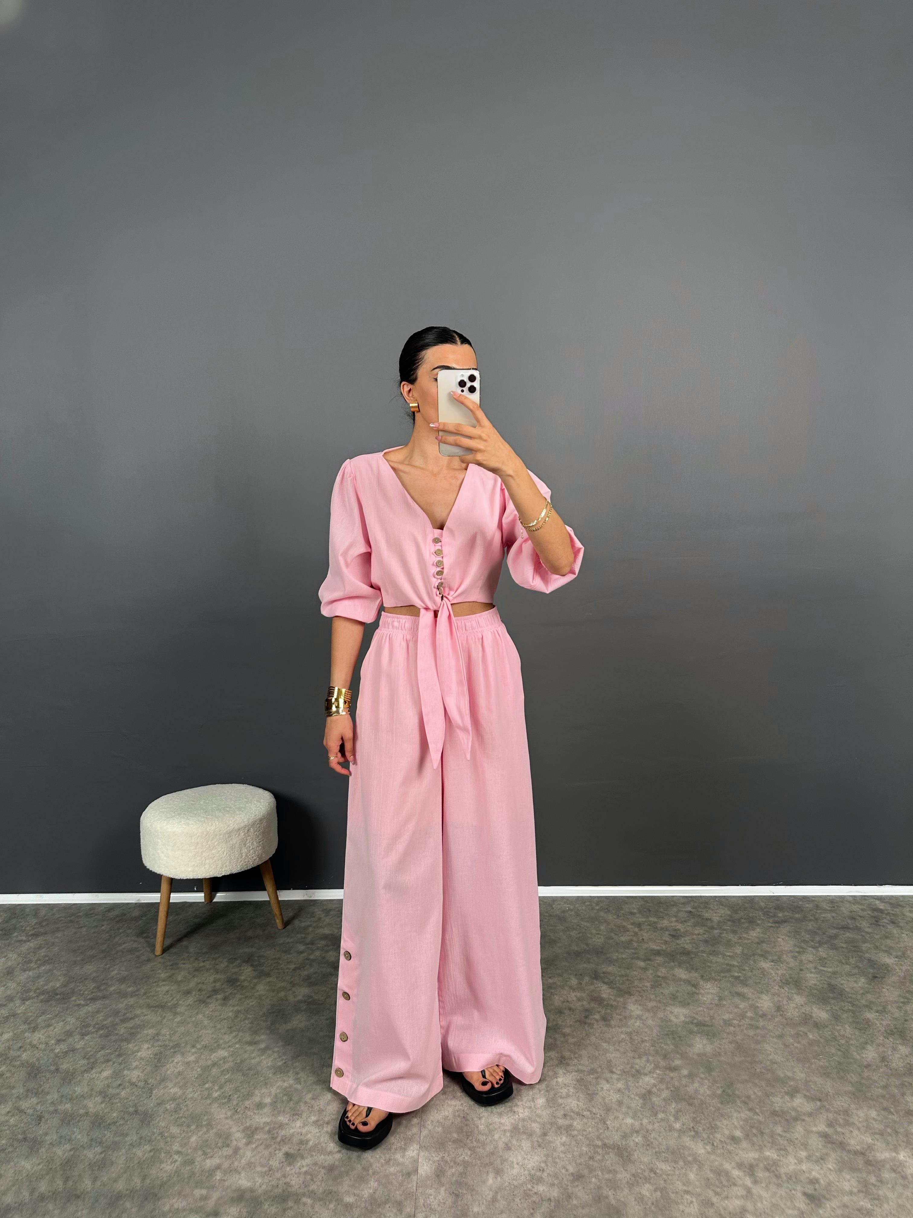 Maila Pembe Keten Crop İkili TakımGausTAKIMGU008470