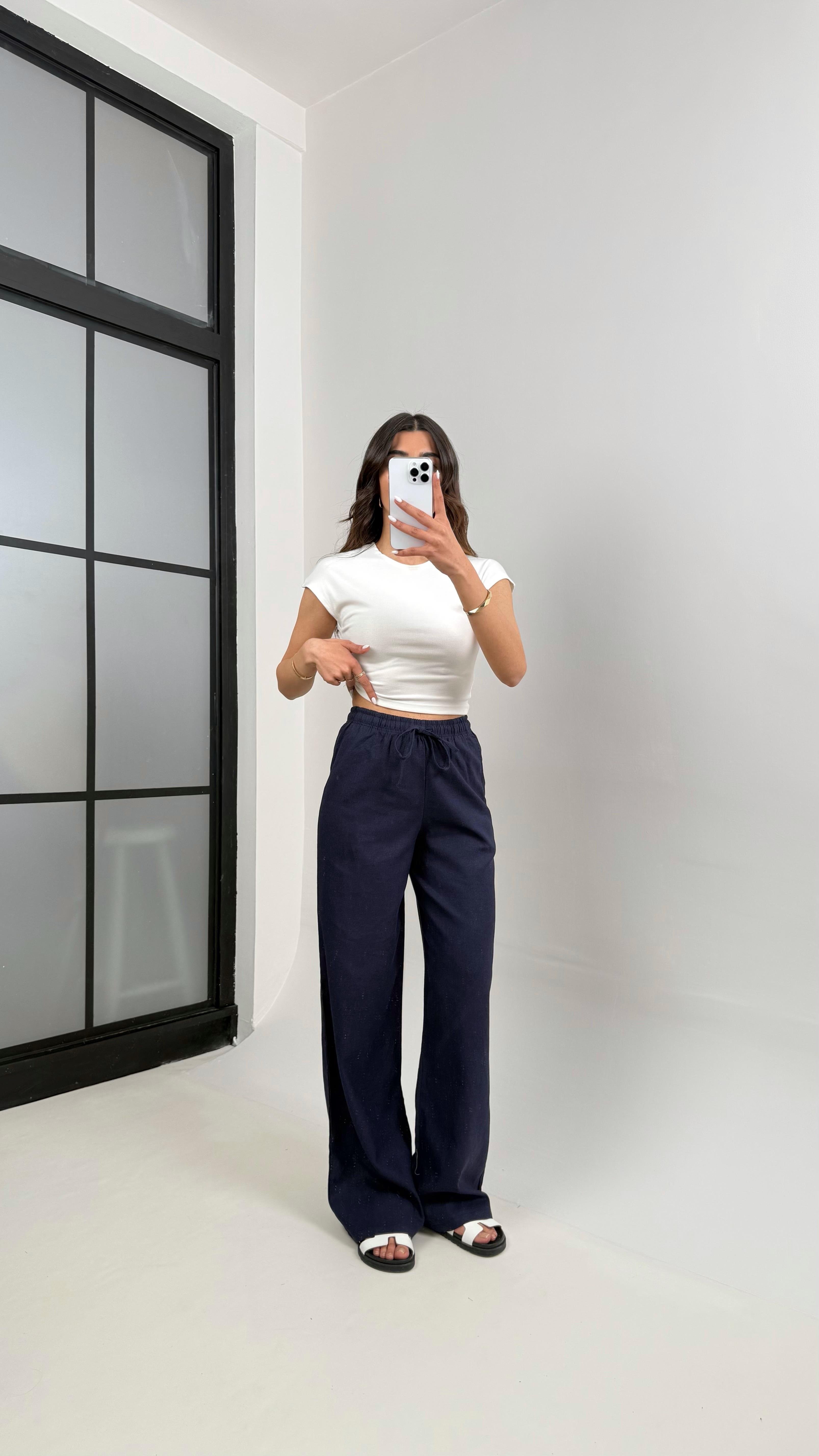 Lacivert Beli Lastikli Muadil Keten Pantolon Gaus00346GausPANTOLONGU1001808