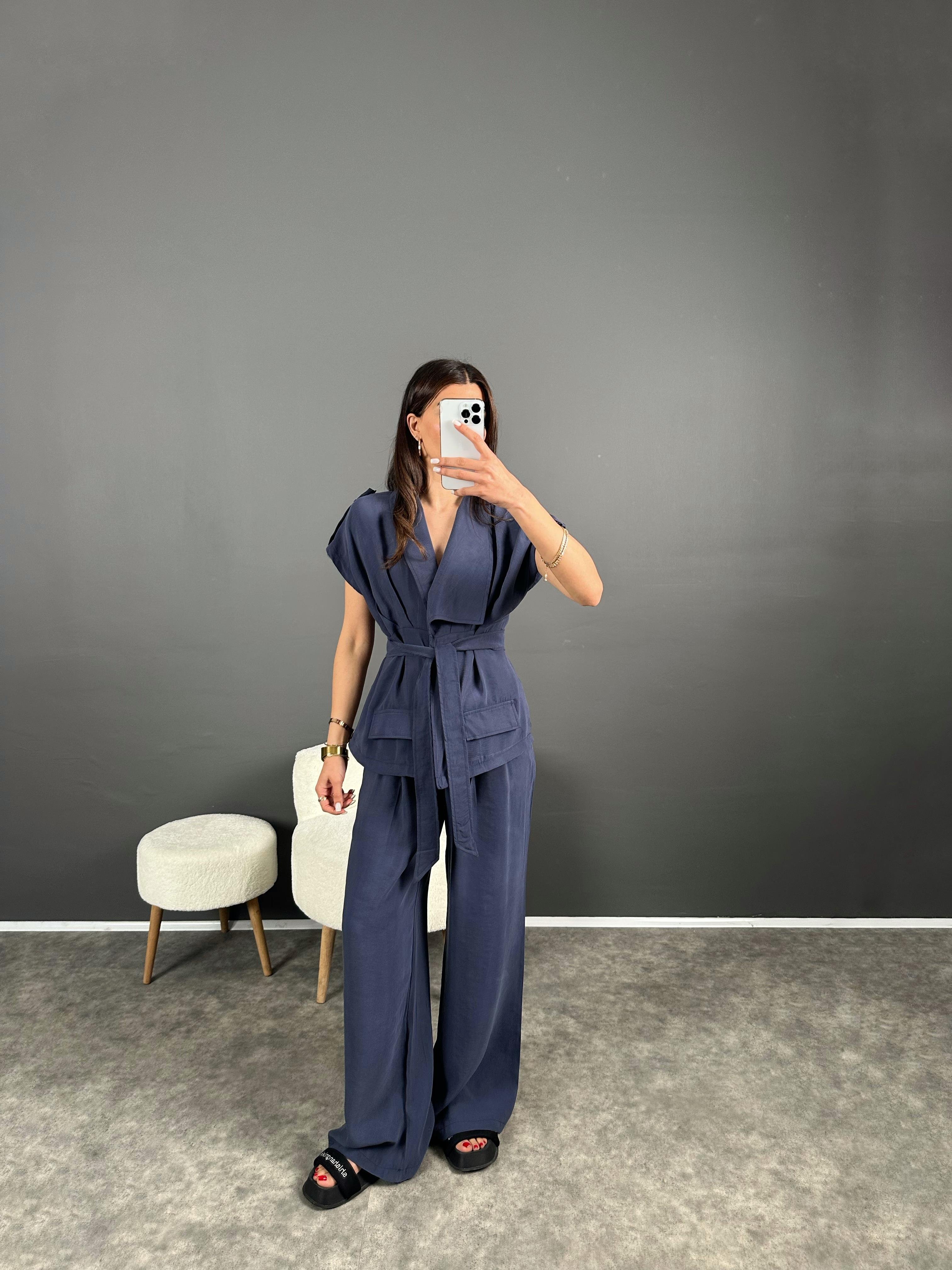 Leson Lacivert Premium Tensel Kumaş Yelekli İkili Takım