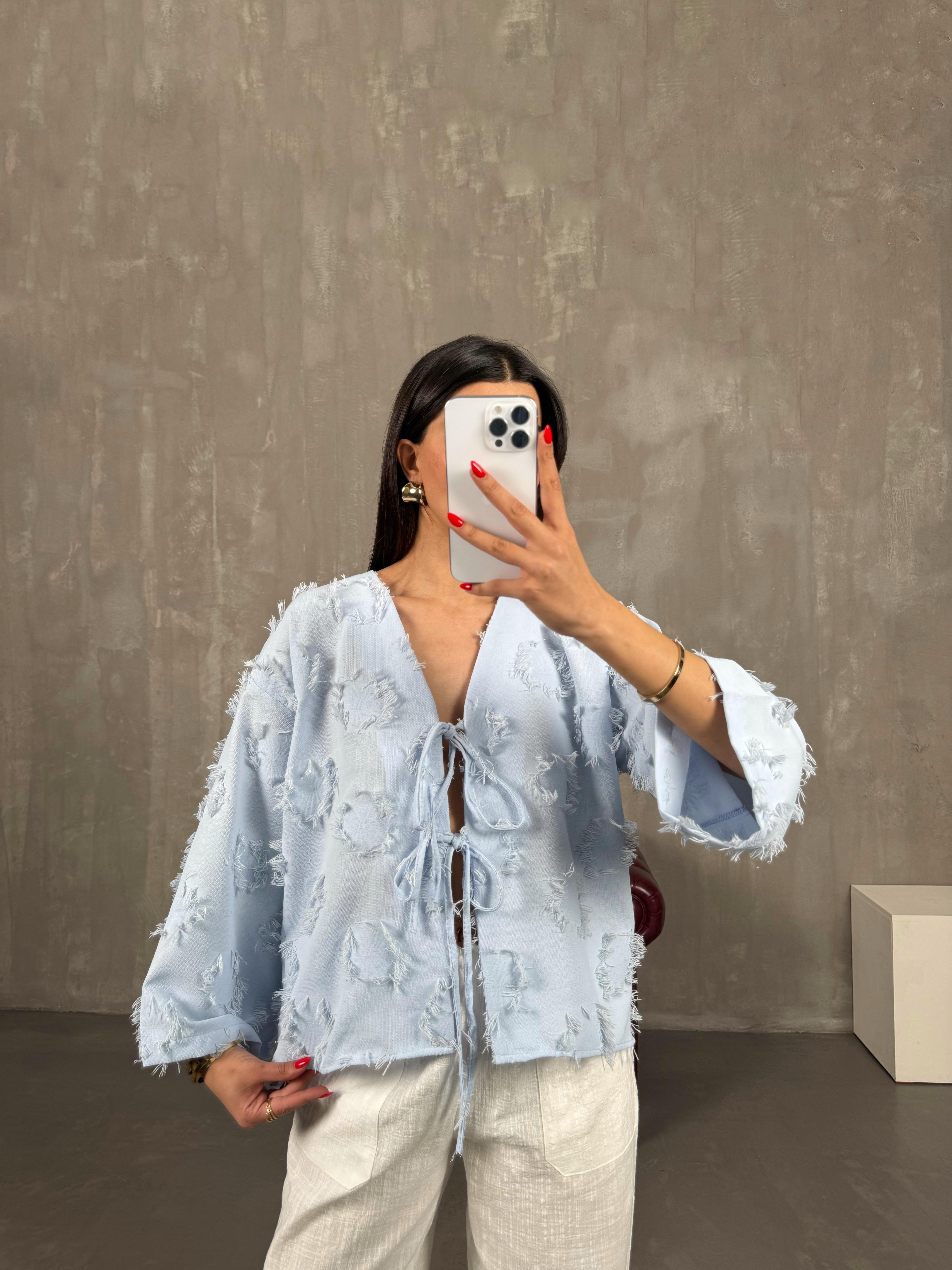 Zenit Mavi Püskül Detaylı Bağlamalı Keten GömlekGausGÖMLEKGU1001372