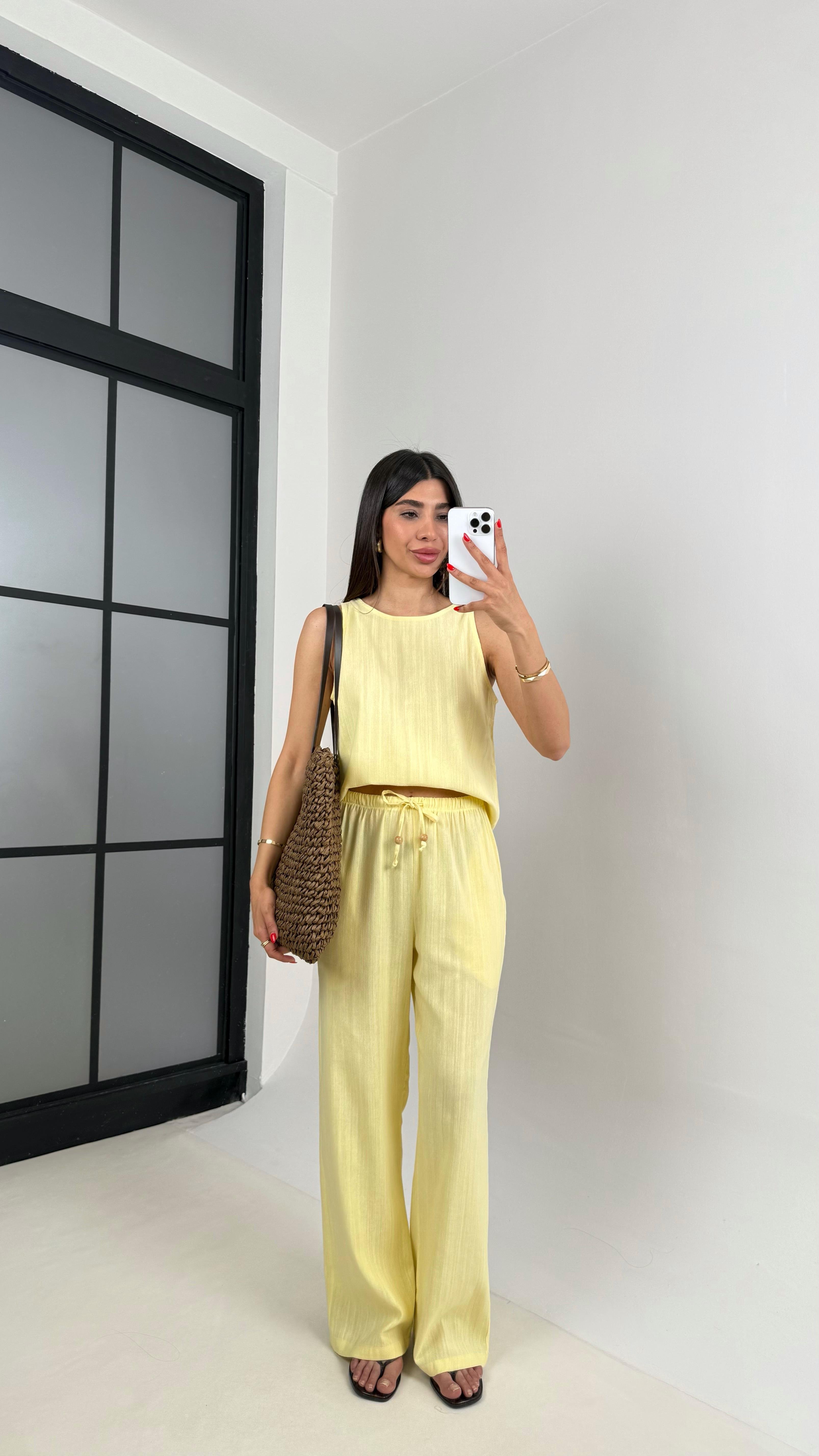 Sarı Sıfır Kol Bluz Beli Lastikli Pantolon Md Muadil Keten Takım Gaus00495 GausTAKIMGU1002159