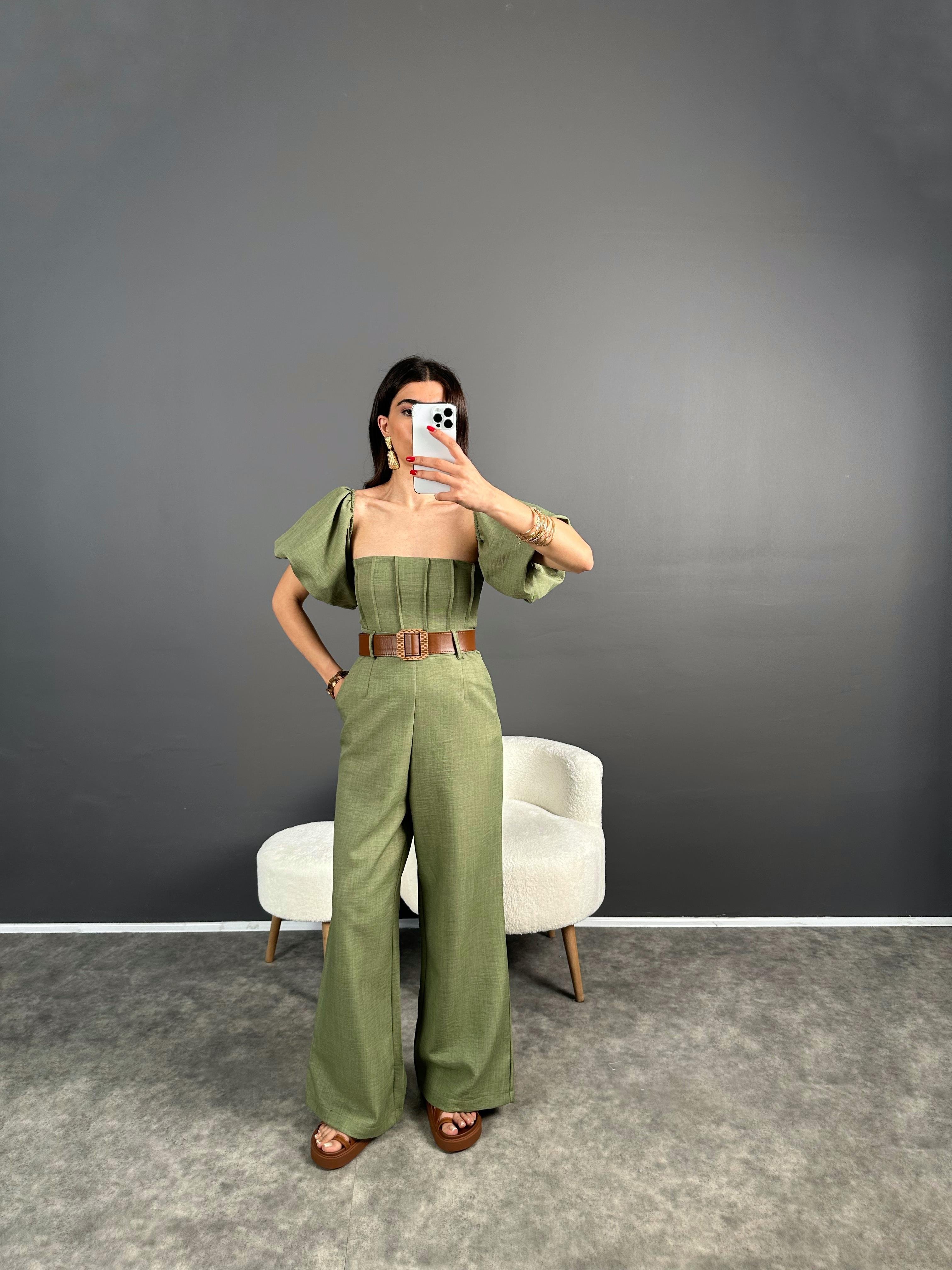 Nick Haki Keten Kemerli Balon Kol Tulum 