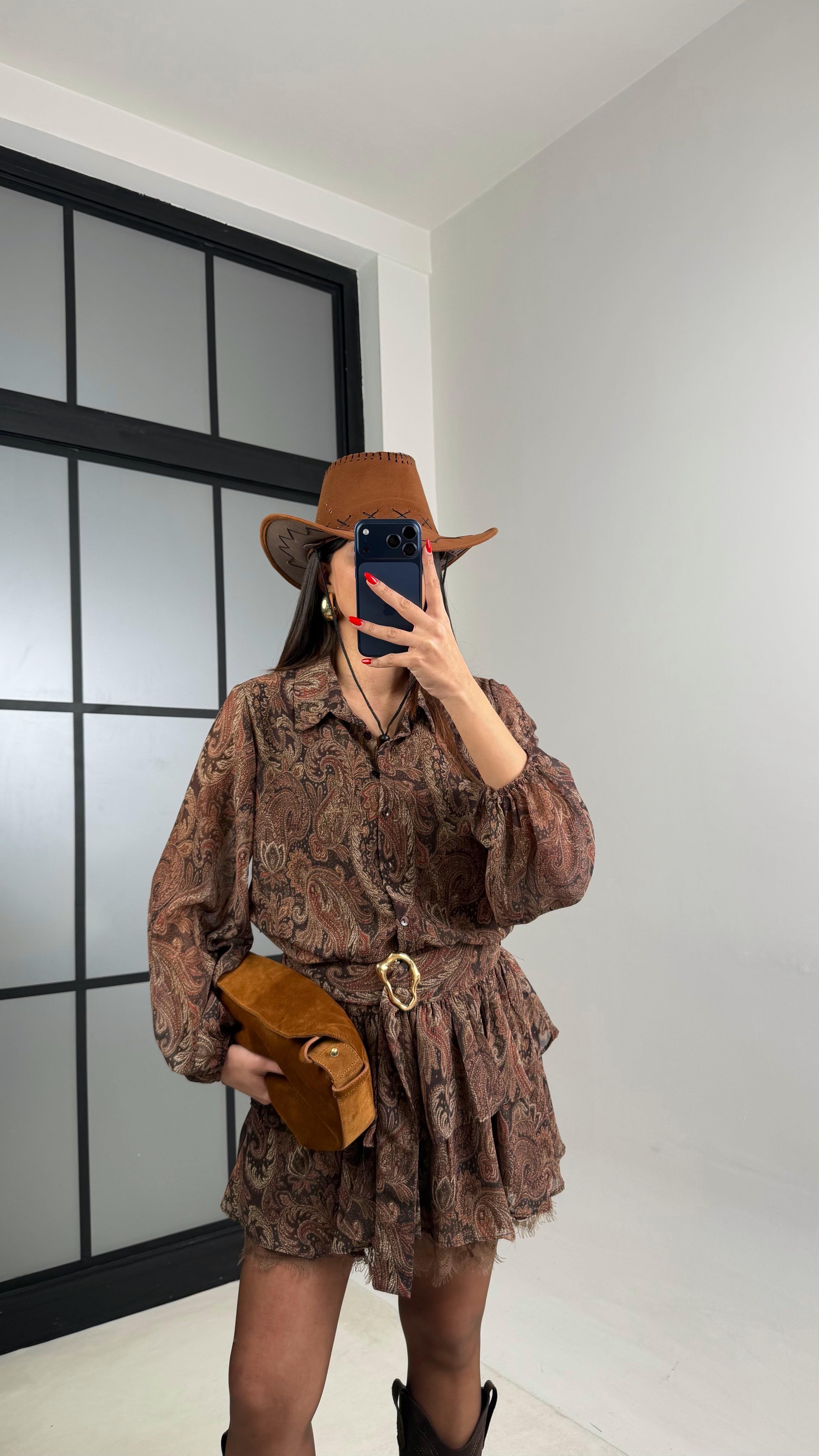 Kahve Desenli Kuşaklı Astarlı Tasarım Şifon Elbise GAUS-01007GAUSELBİSEGAUS-01007