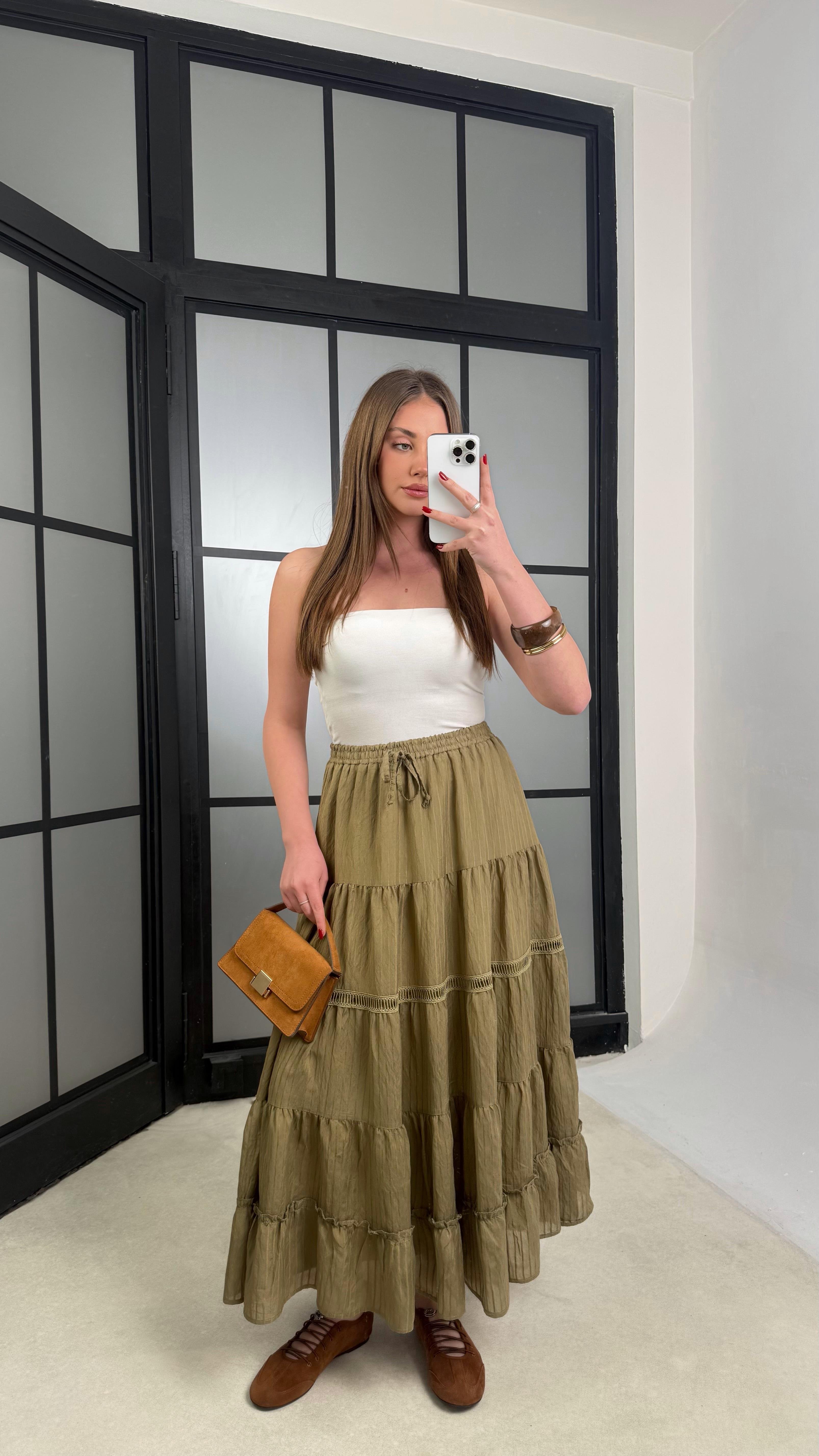 Yeşil Beli Lastikli Nakış Detaylı Astarlı Etek GAUS-01242GAUSETEKGAUS-01242