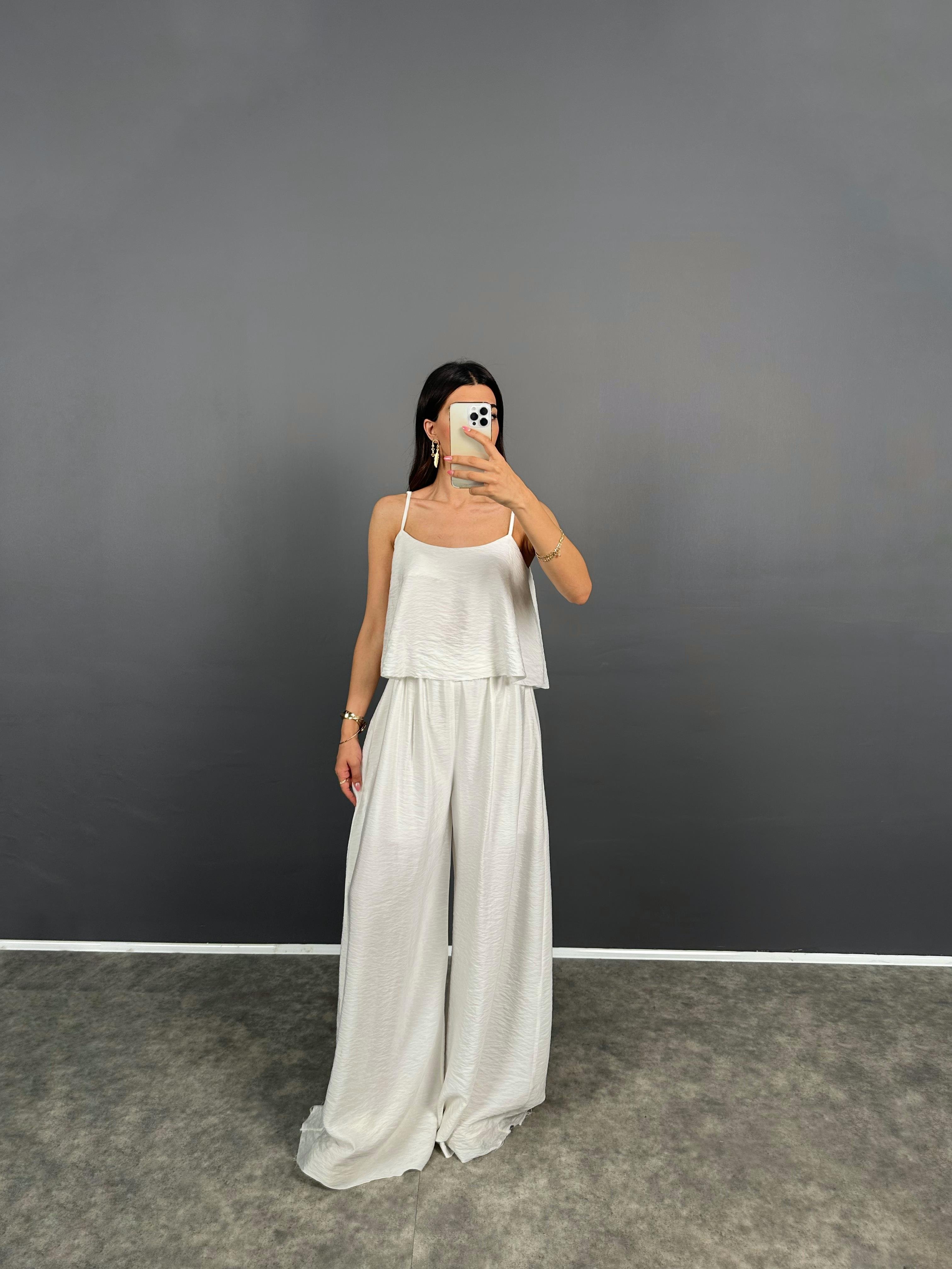 Blon Beyaz İp Askılı  Crop Bluz Bol Paça Pantolon Zr Model İkili TakımGausTAKIMGU008594