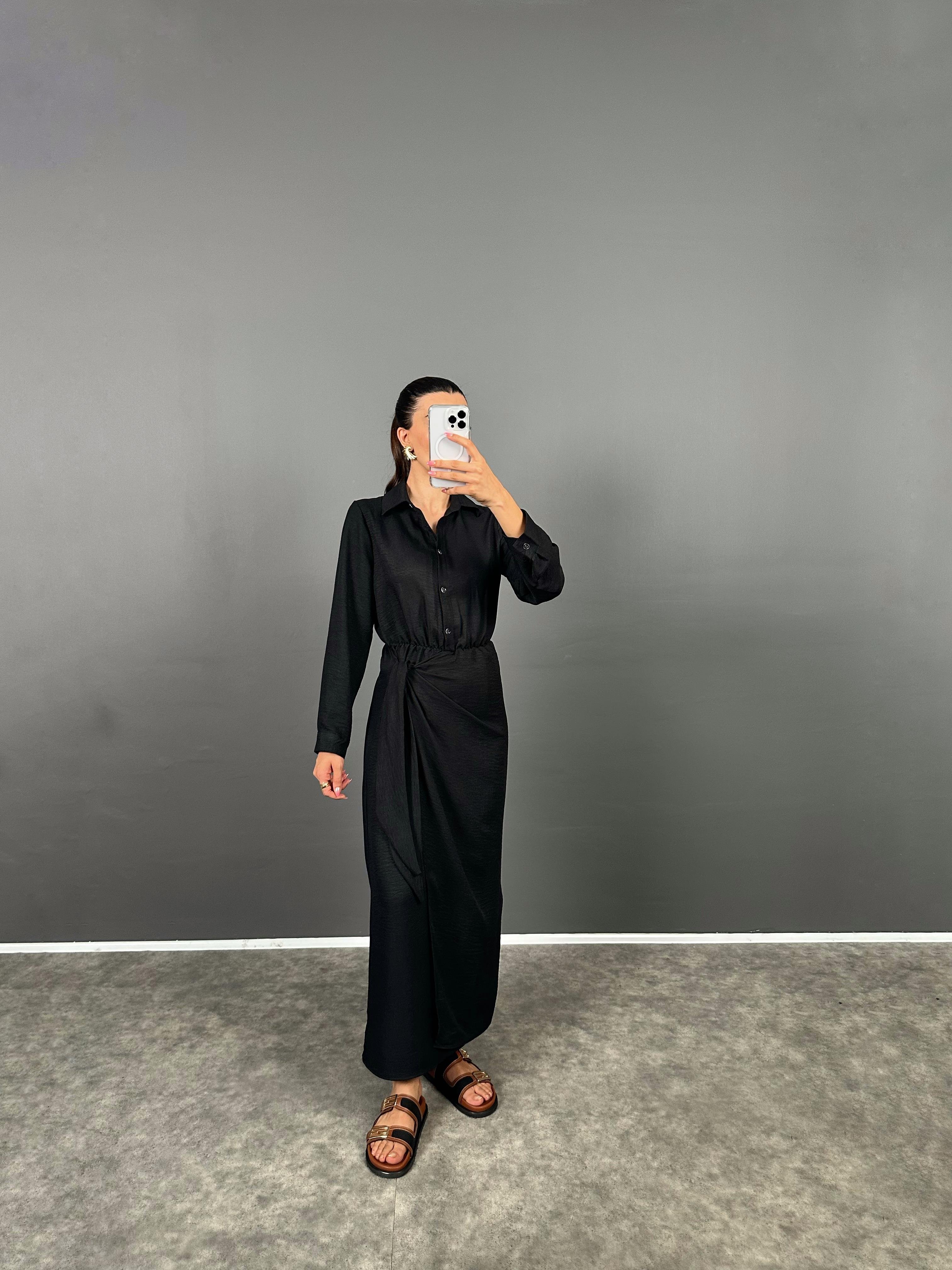 Mari Siyah Düğmeli Yandan Bağlamalı Uzun ElbiseGausELBİSEGU008658