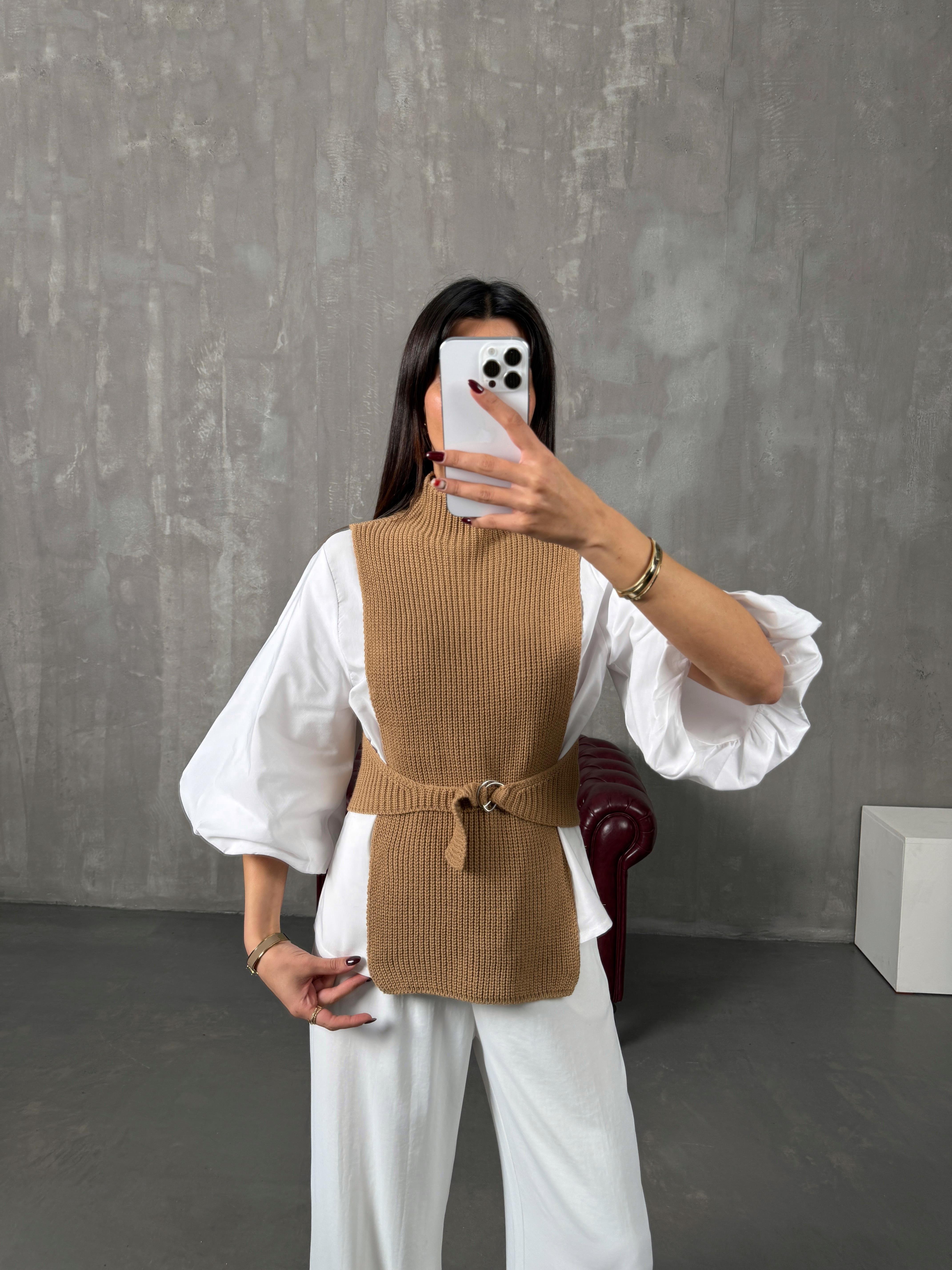 Raysa Camel İkili Balon Kol Gömlek Triko Süveter