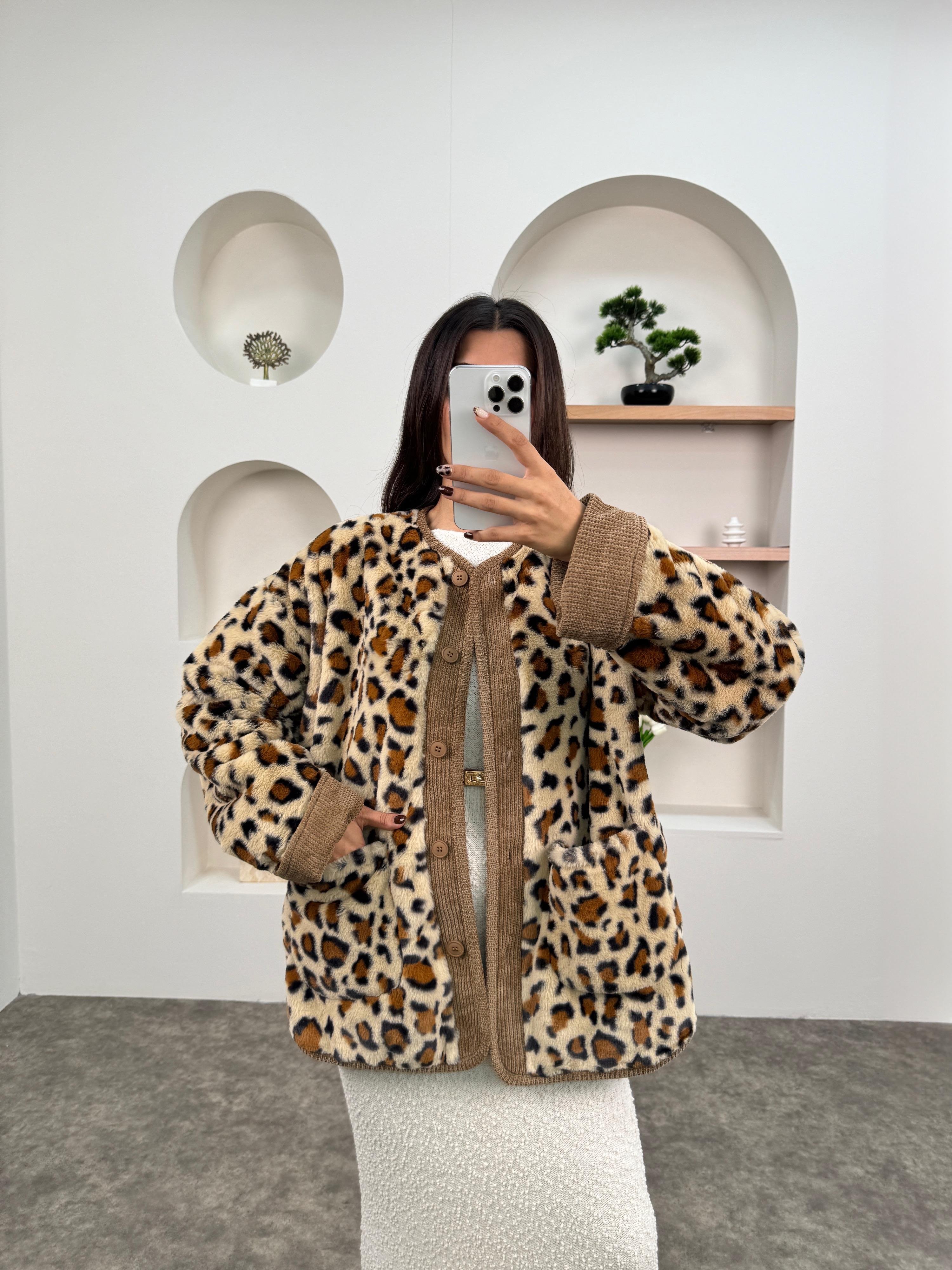 Tirel Camel Leopar Desenli Peluş Tasarım Ceket