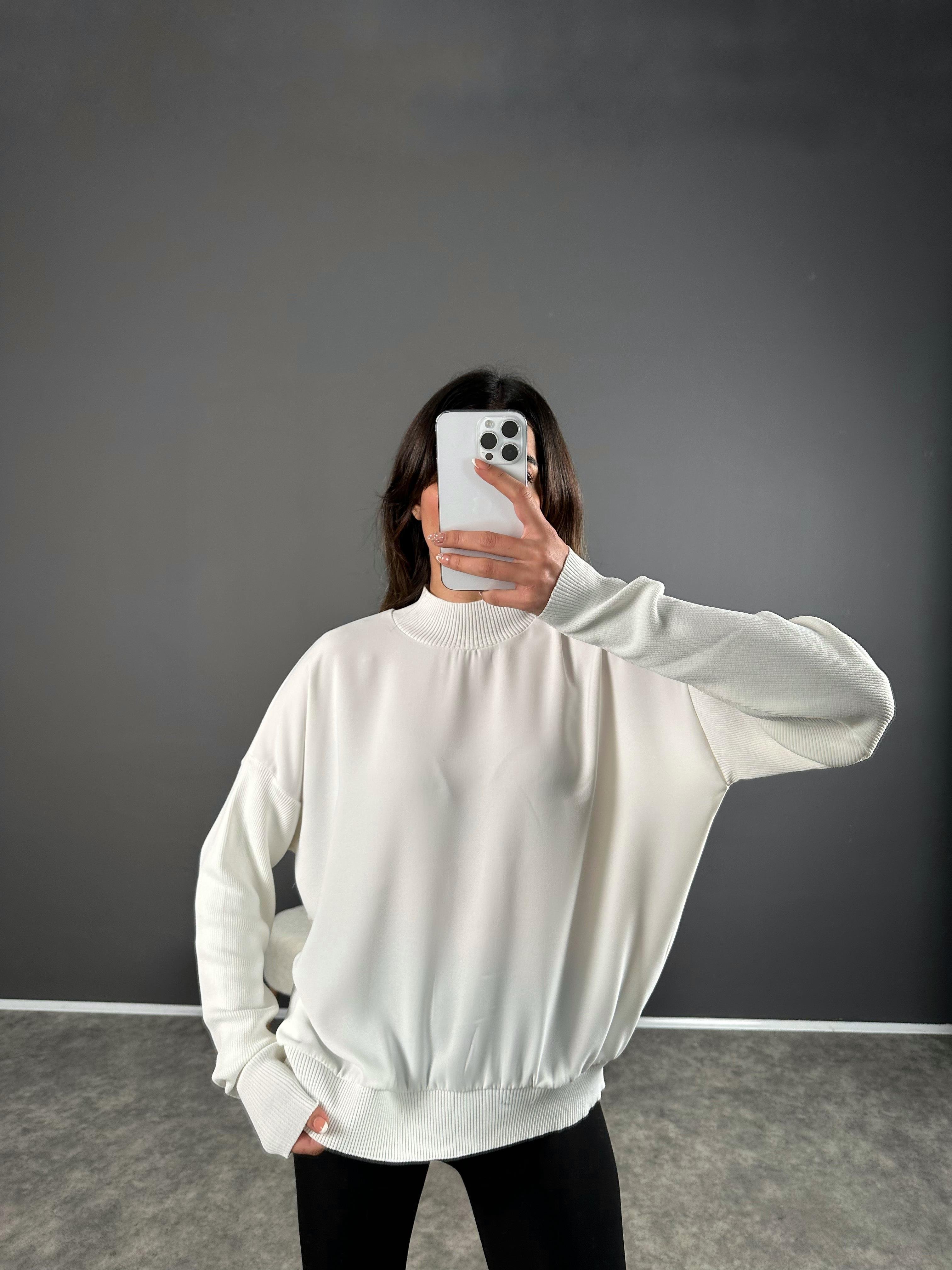 Beyaz Çelik Örme Triko SweatGausSWEATSHIRTGU004116