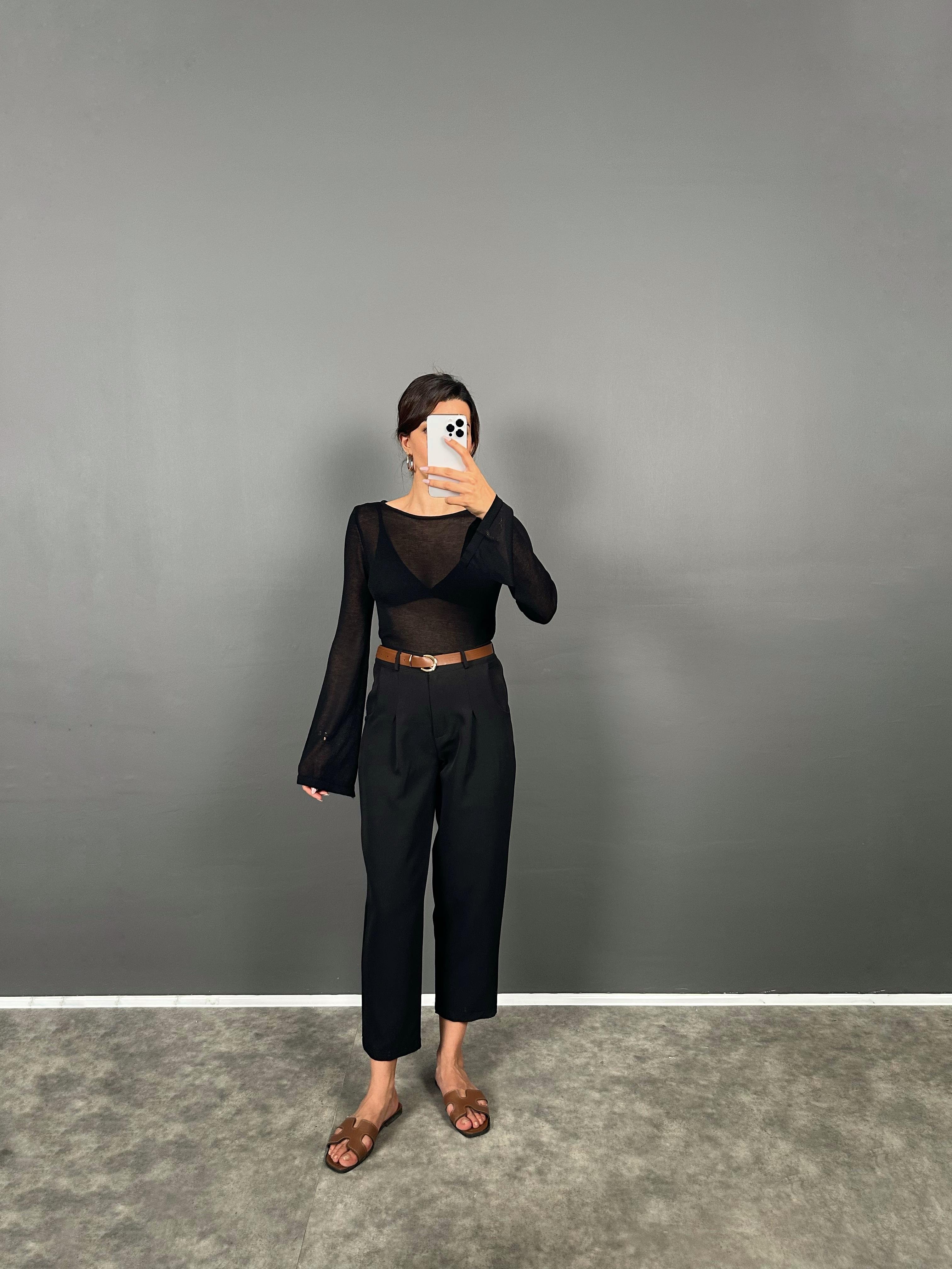 Vion Siyah Krep Kumaş Kemerli Havuç ZR Model Pantolon