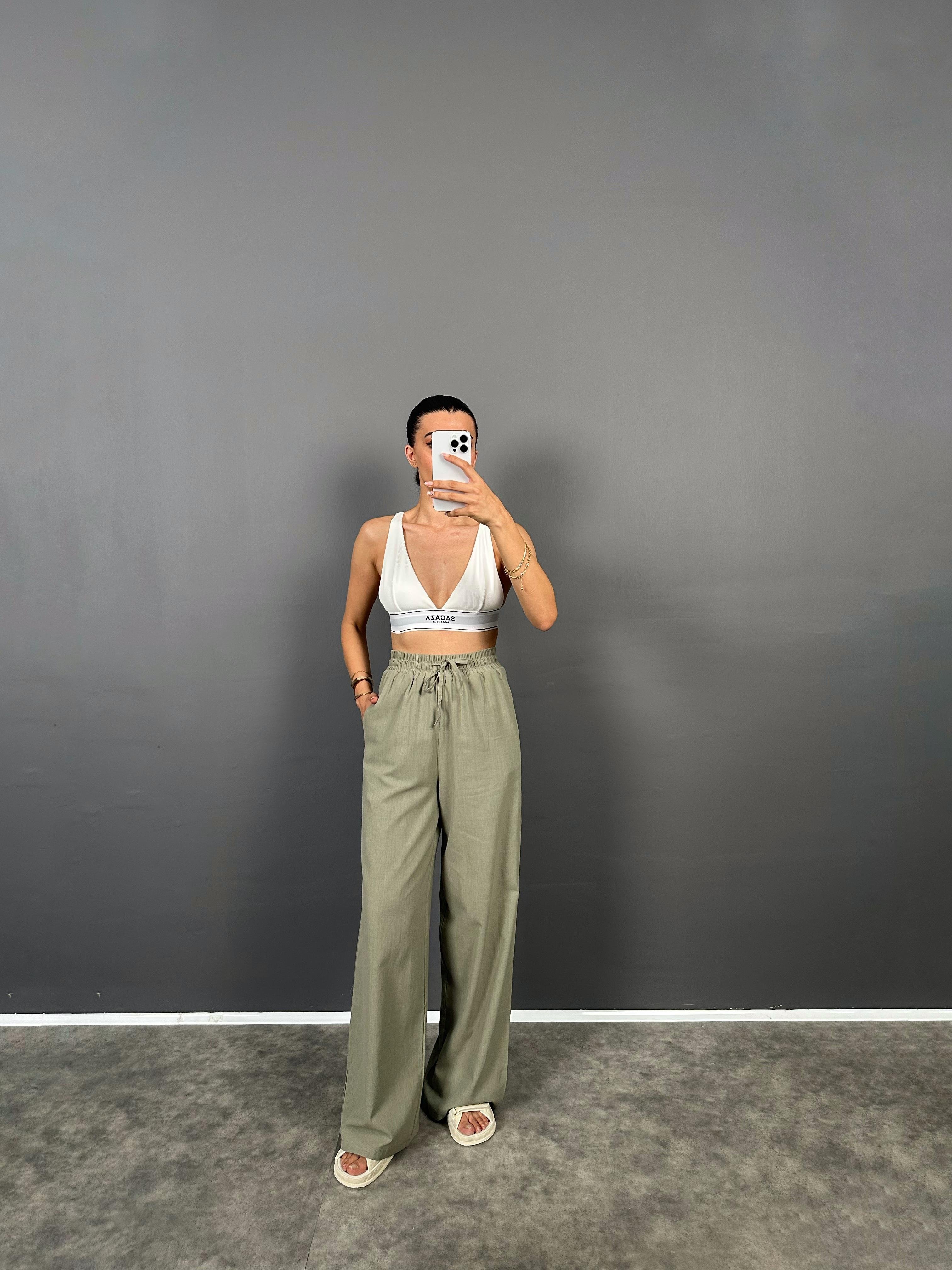 DK Haki Astarlı Keten Pantolon 