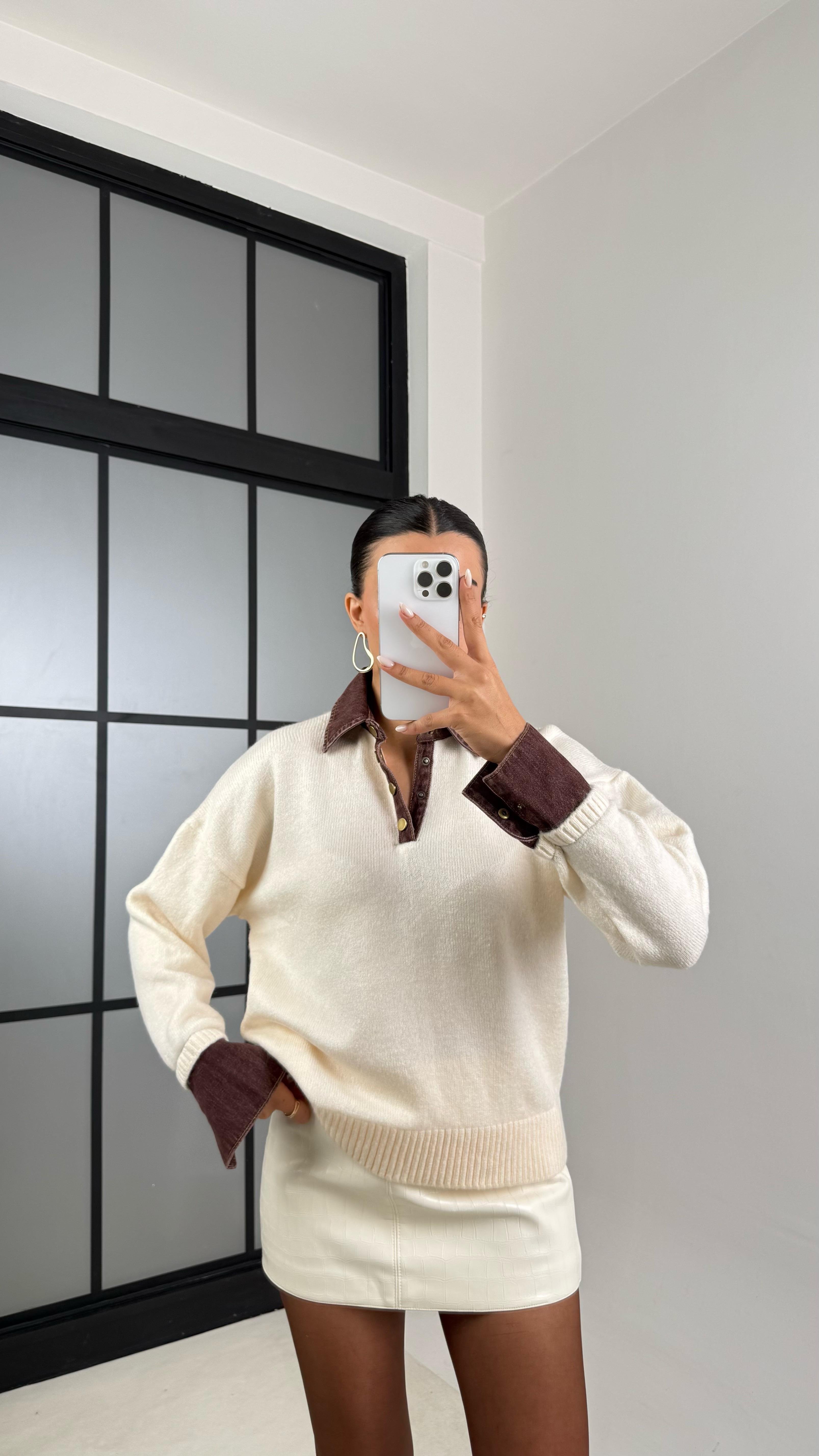 Krem Denim Yaka Detaylı Kazak GAUS-00507GAUSKAZAKGAUS-00507