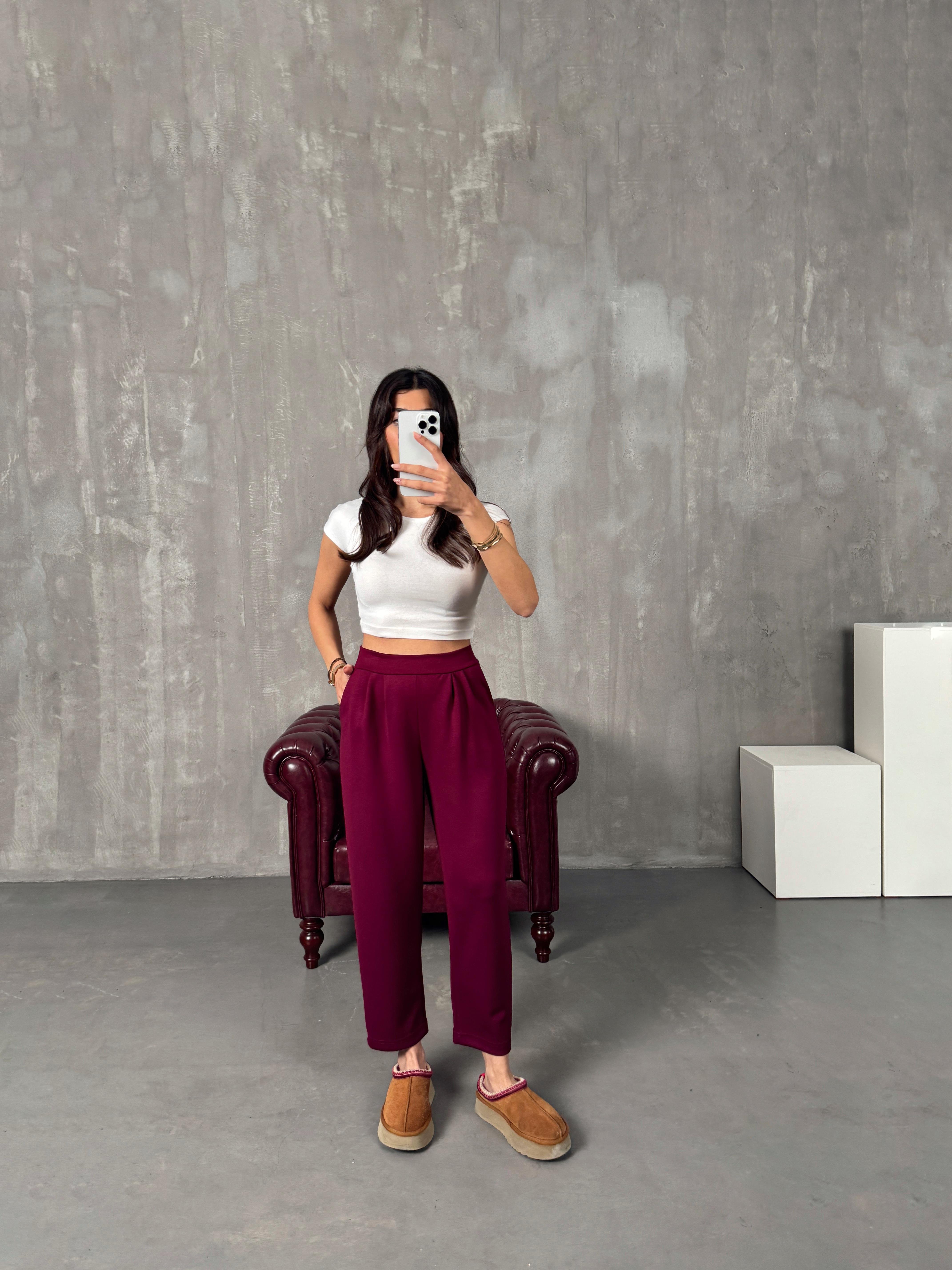 Weld Bordo Arkası Lastikli Cepli Harem Pantolon