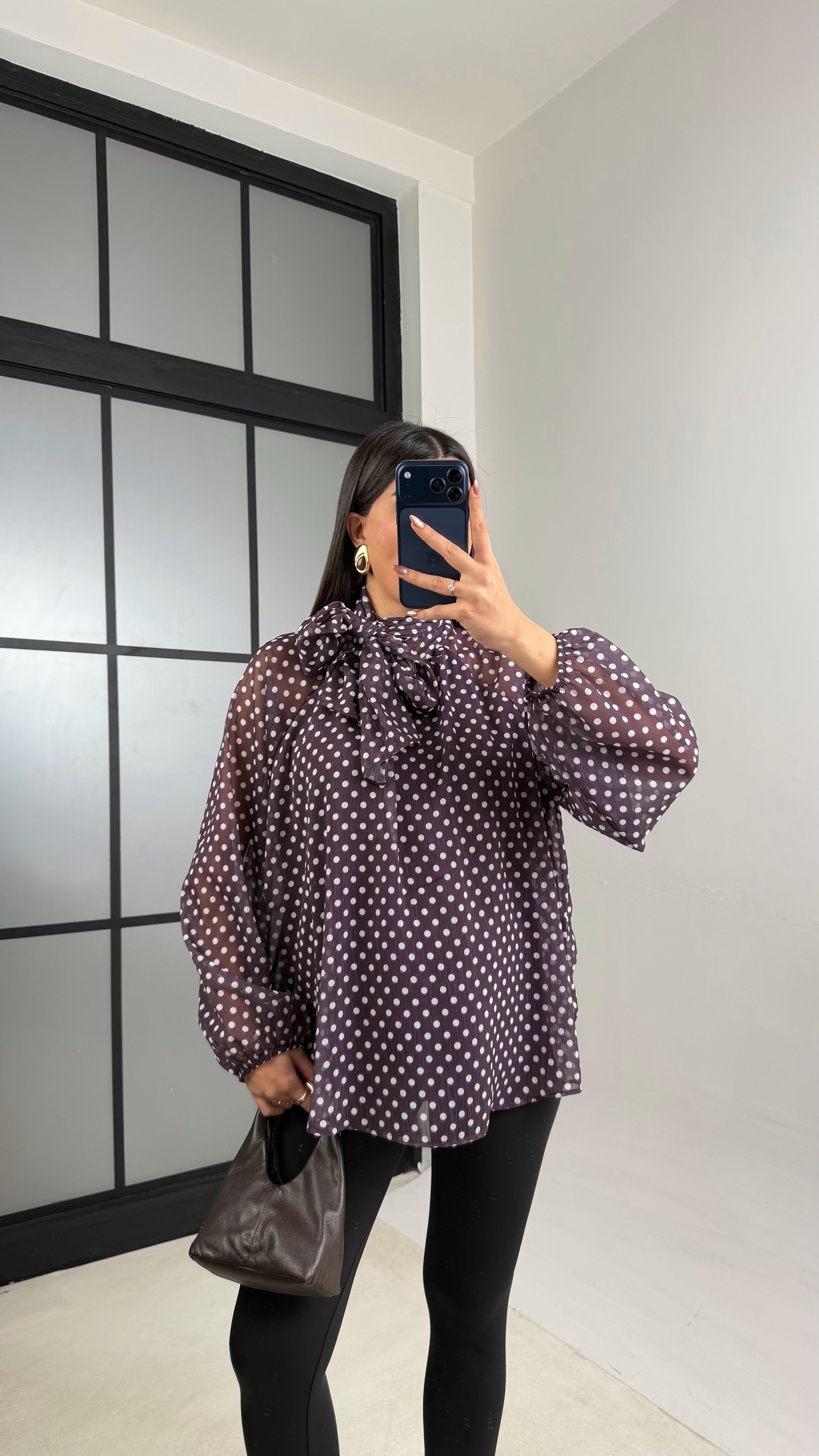 Mor Puantiyeli Şall Detaylı Şifon Gömlek GAUS-01108GAUSShirtGAUS-01108