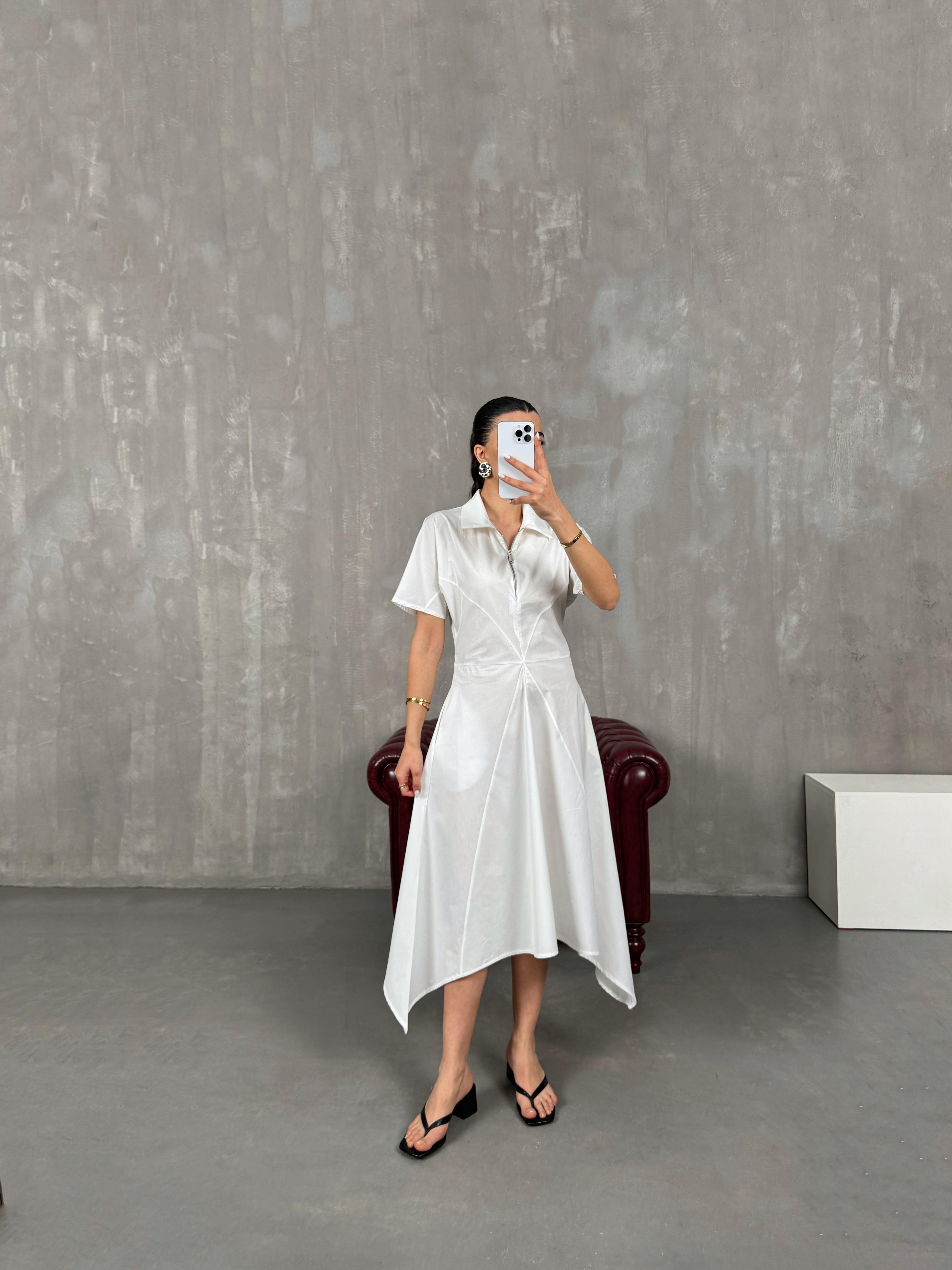 فستان مُعادل أبيض مع سحّاب وياقة قميص Gaus00021