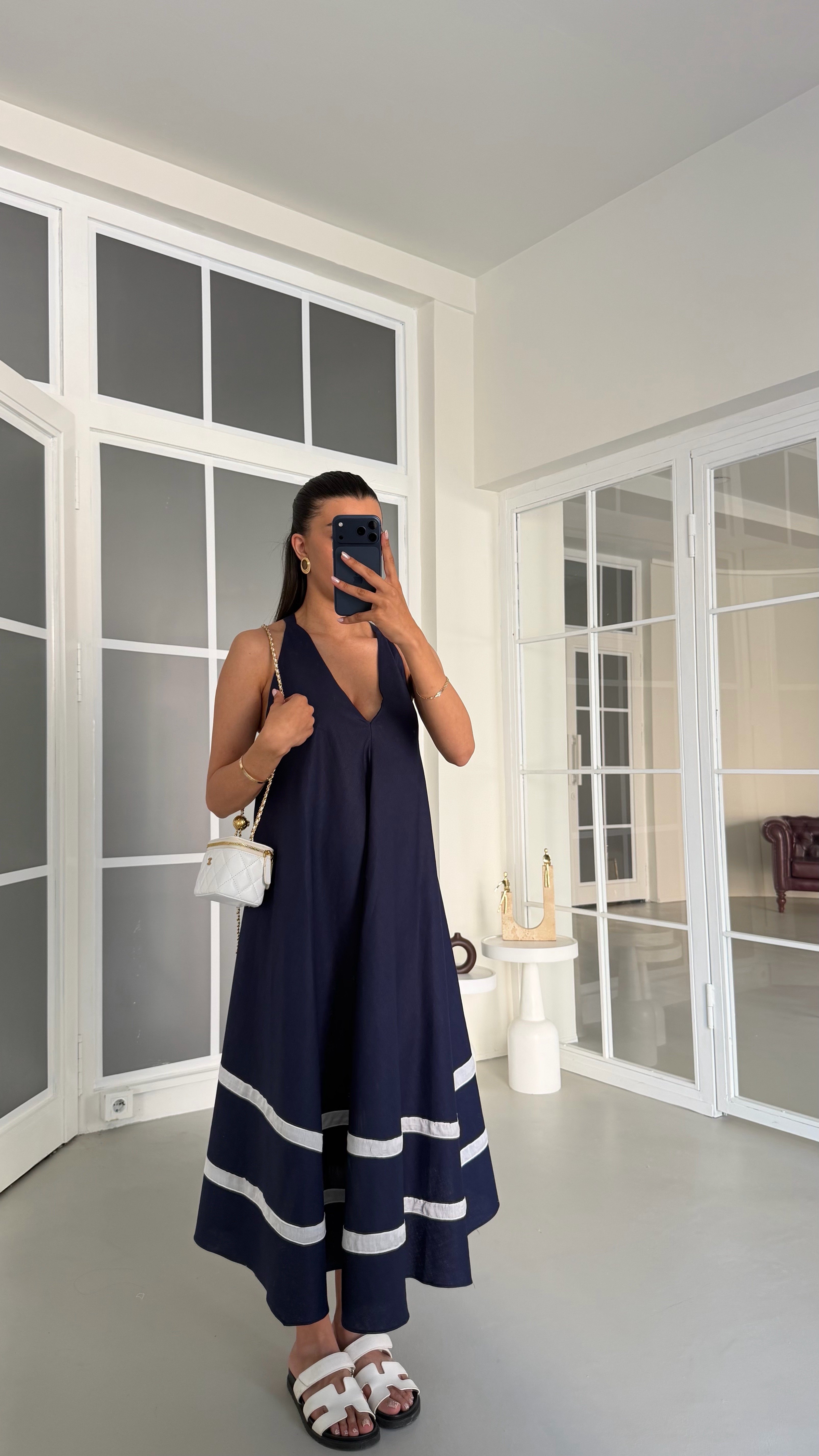 Lacivert Şerit Detaylı Premium Keten Elbise GAUS-01766GAUSELBİSEGAUS-01766