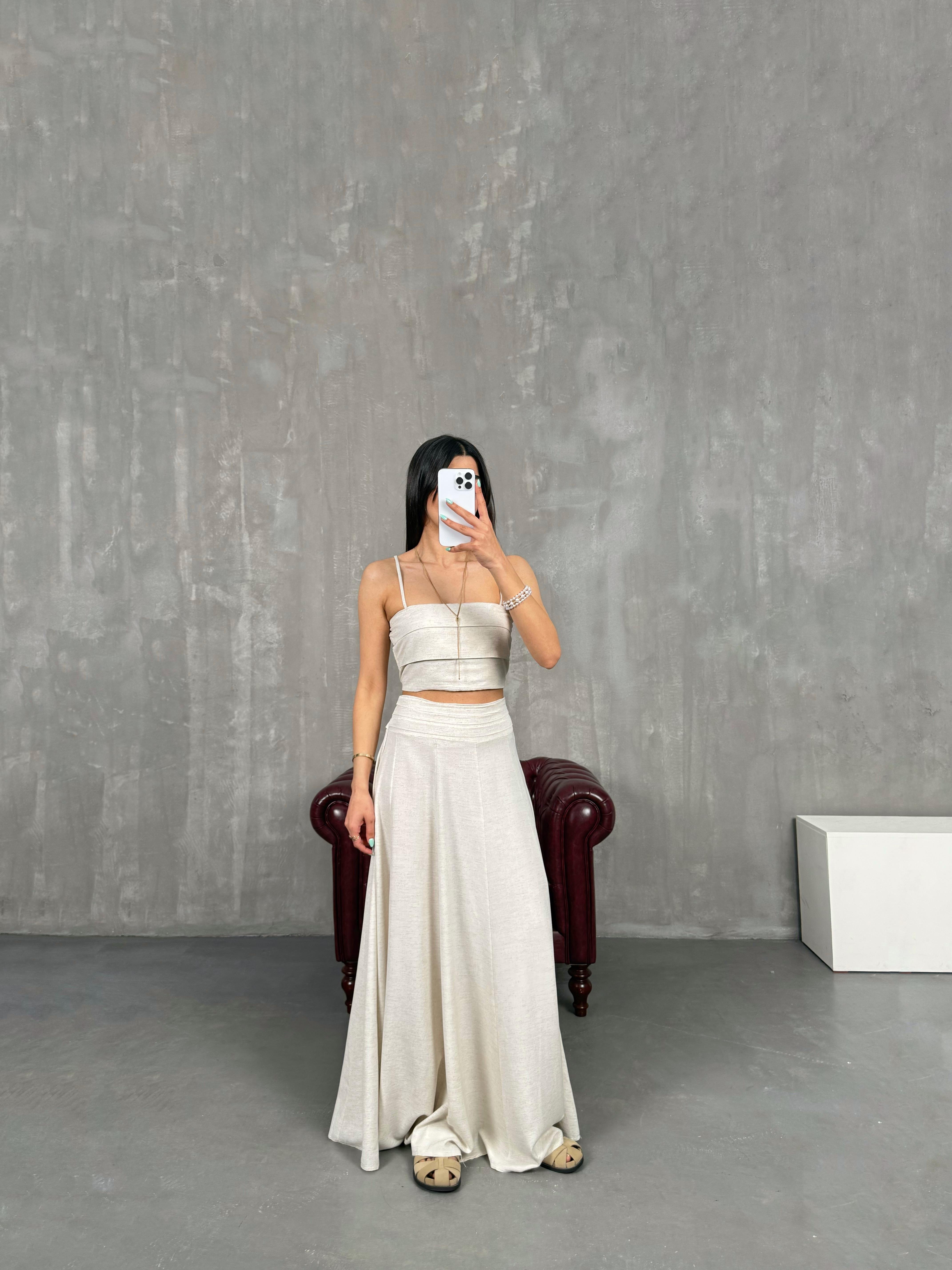 Taş Ayarlanabilir Askılı Straplez Crop Etek İkili Keten Takım Gaus00248GausTAKIMGU1001574