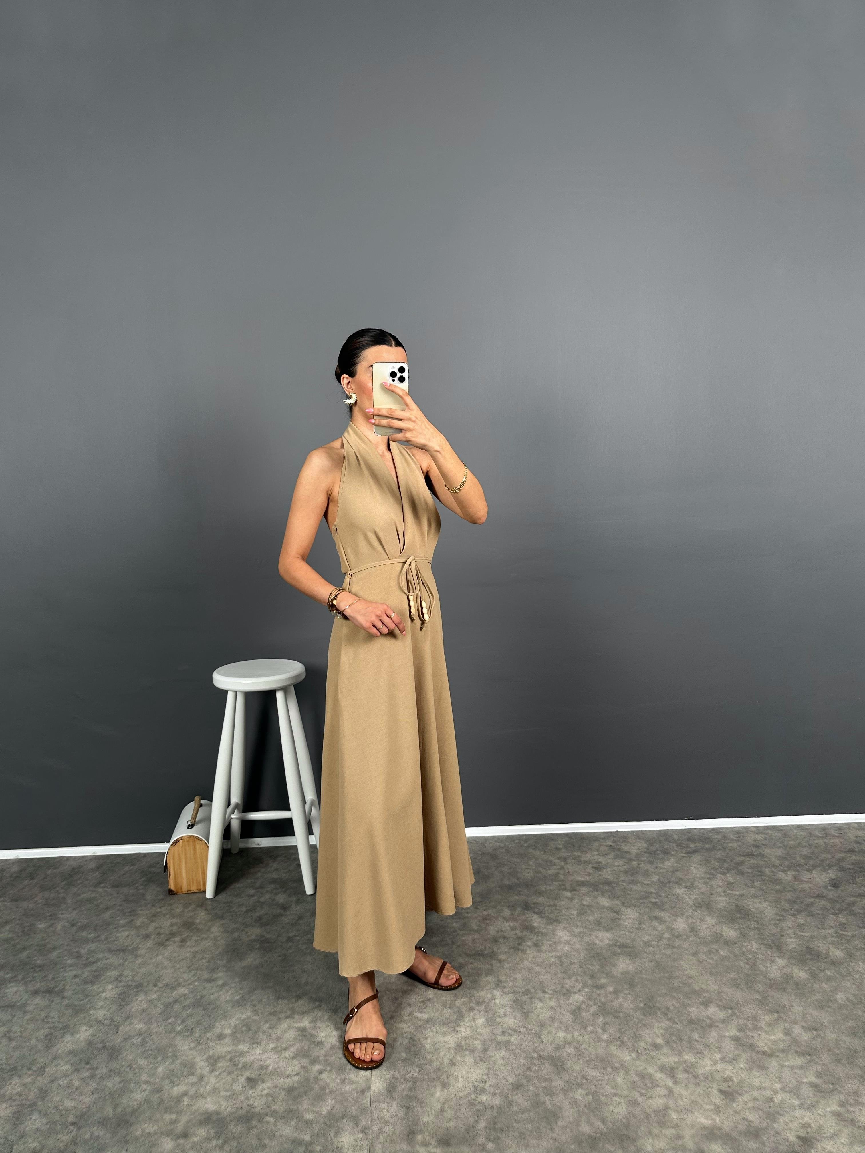 Aren Vizon Boyundan Geçirmeli Uzun Keten Elbise GausELBİSEGU008640