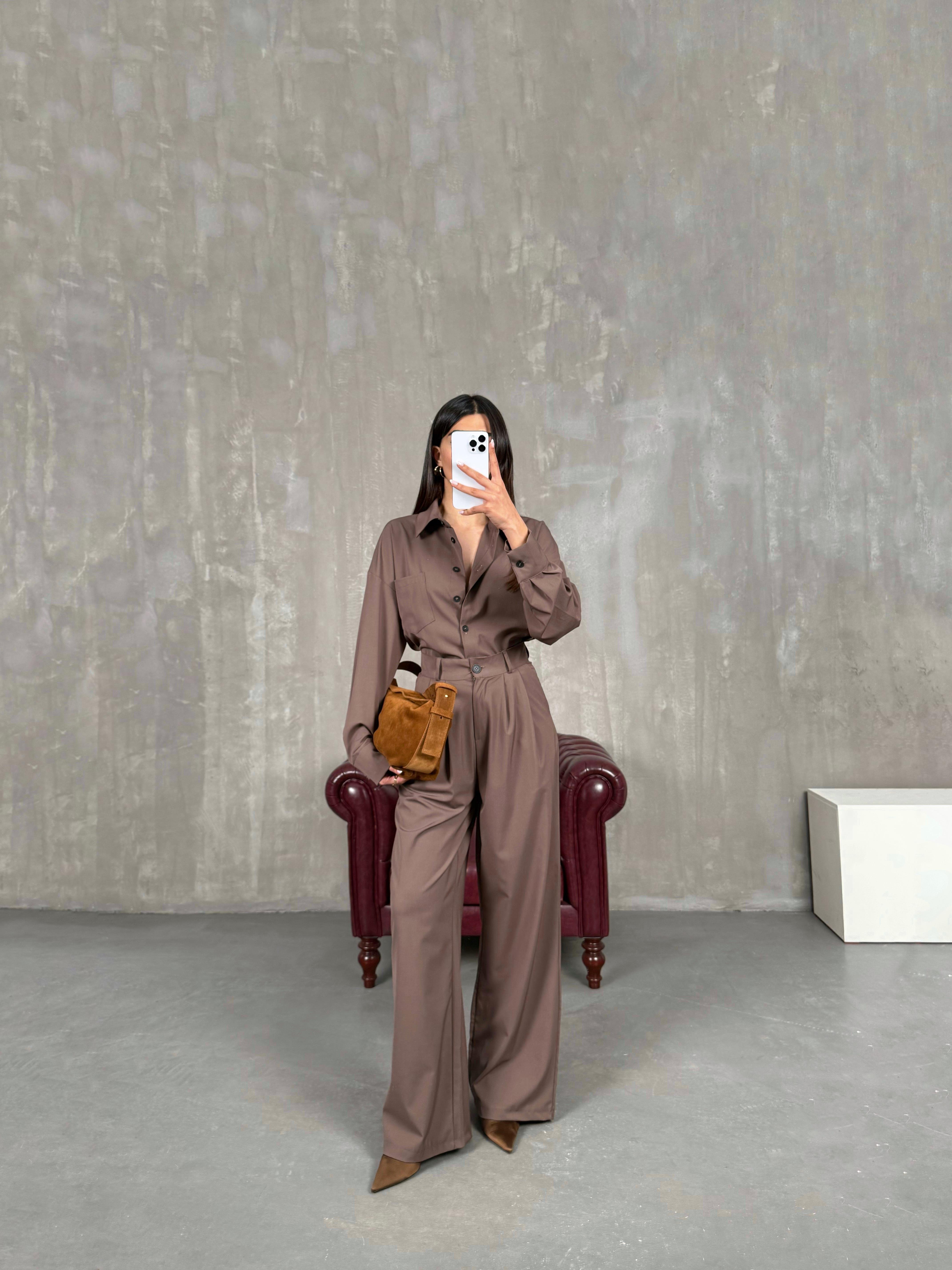 Sütlü Kahve İthal Kumaş Premium Gömlek Pantolon İkili Takım Gaus00273GausTAKIMGU1001634