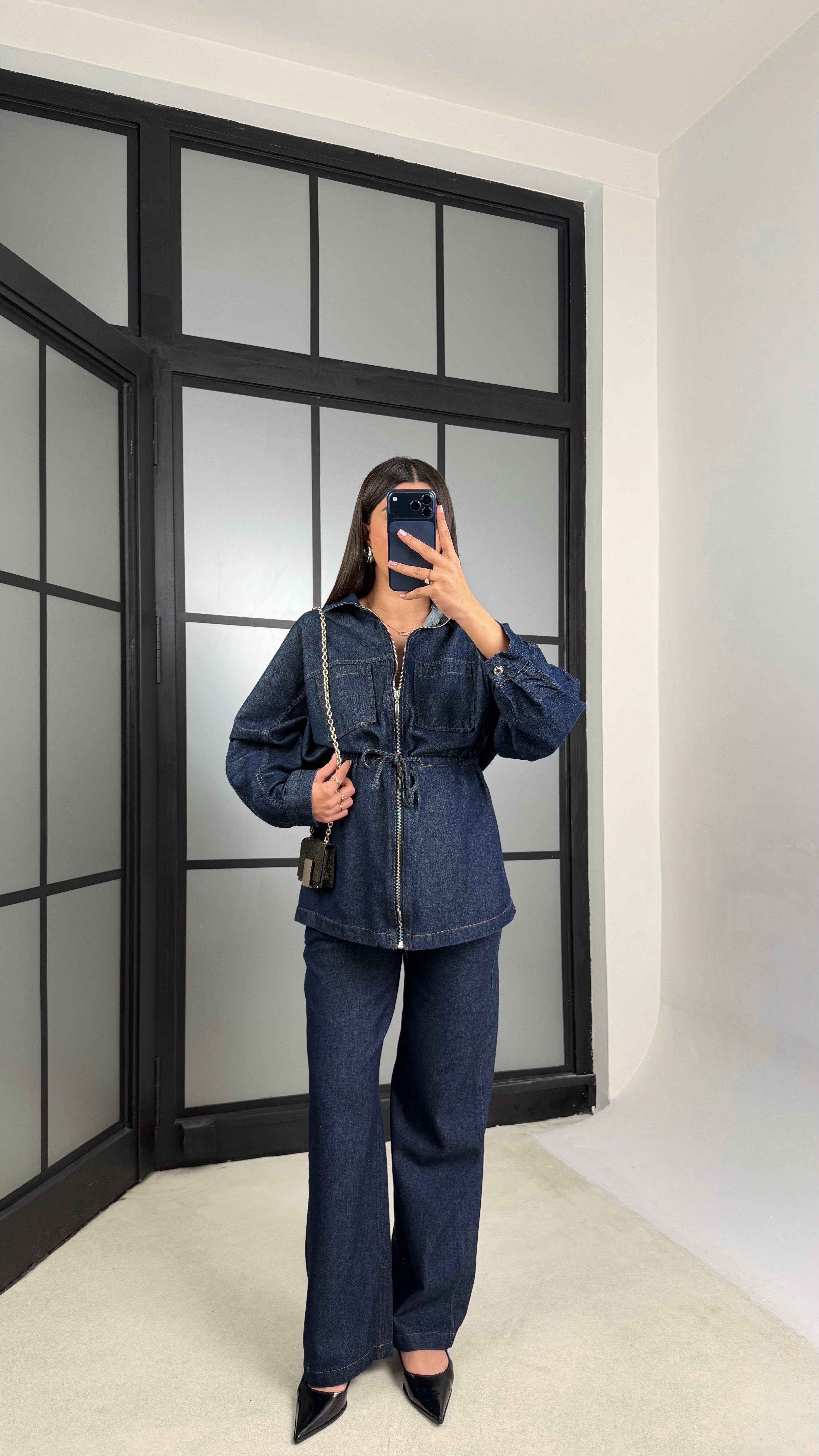 Lacivert Kuşaklı Fermuarlı Ceket Pantolon İkili Denim Takım GAUS-01197GAUSTAKIMGAUS-01197