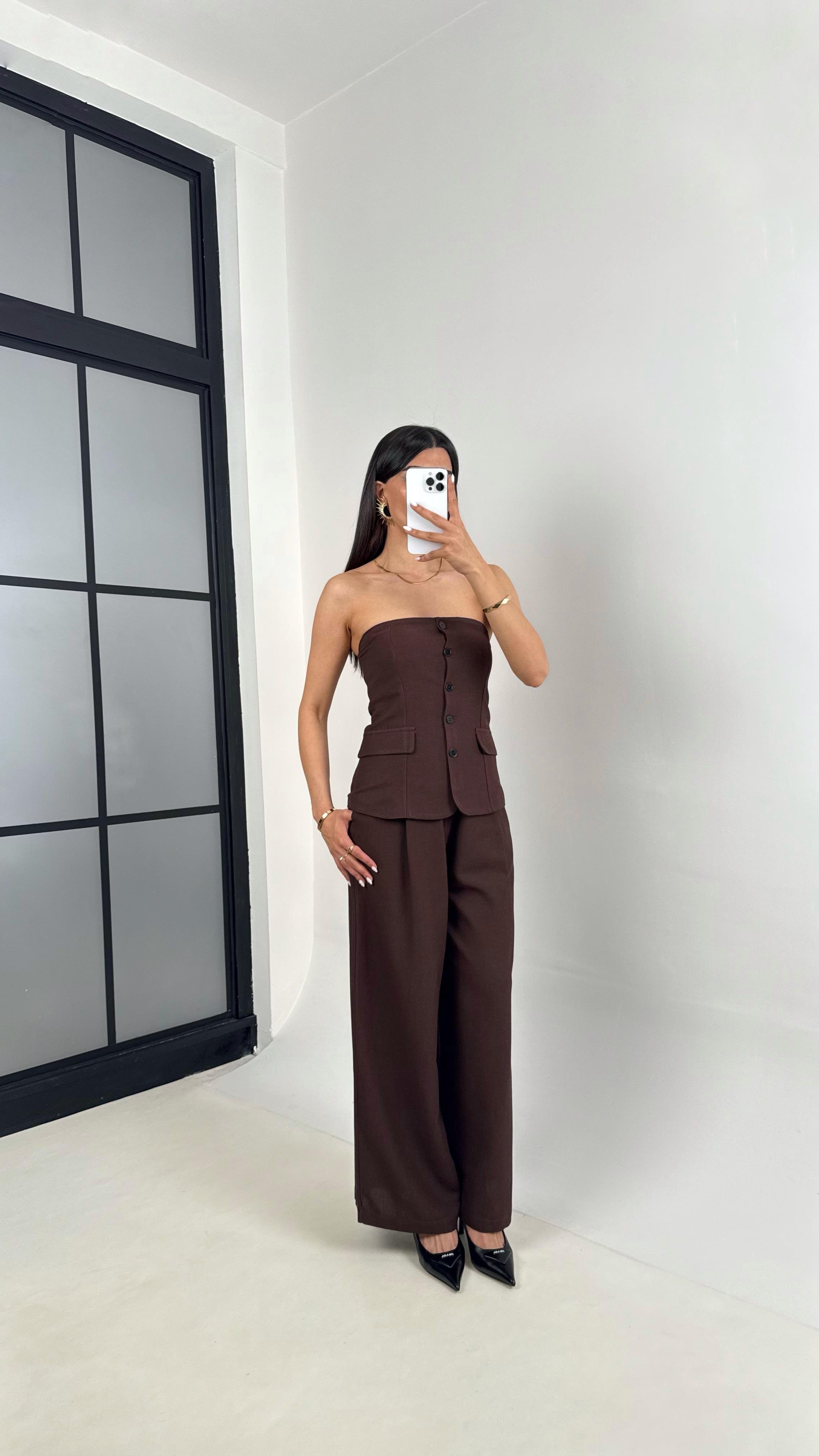 Acı Kahve Straplez Düğmeli Üst Cepli Pantolon İkili Keten Tasarım Takım Gaus00440GausTAKIMGU1002021