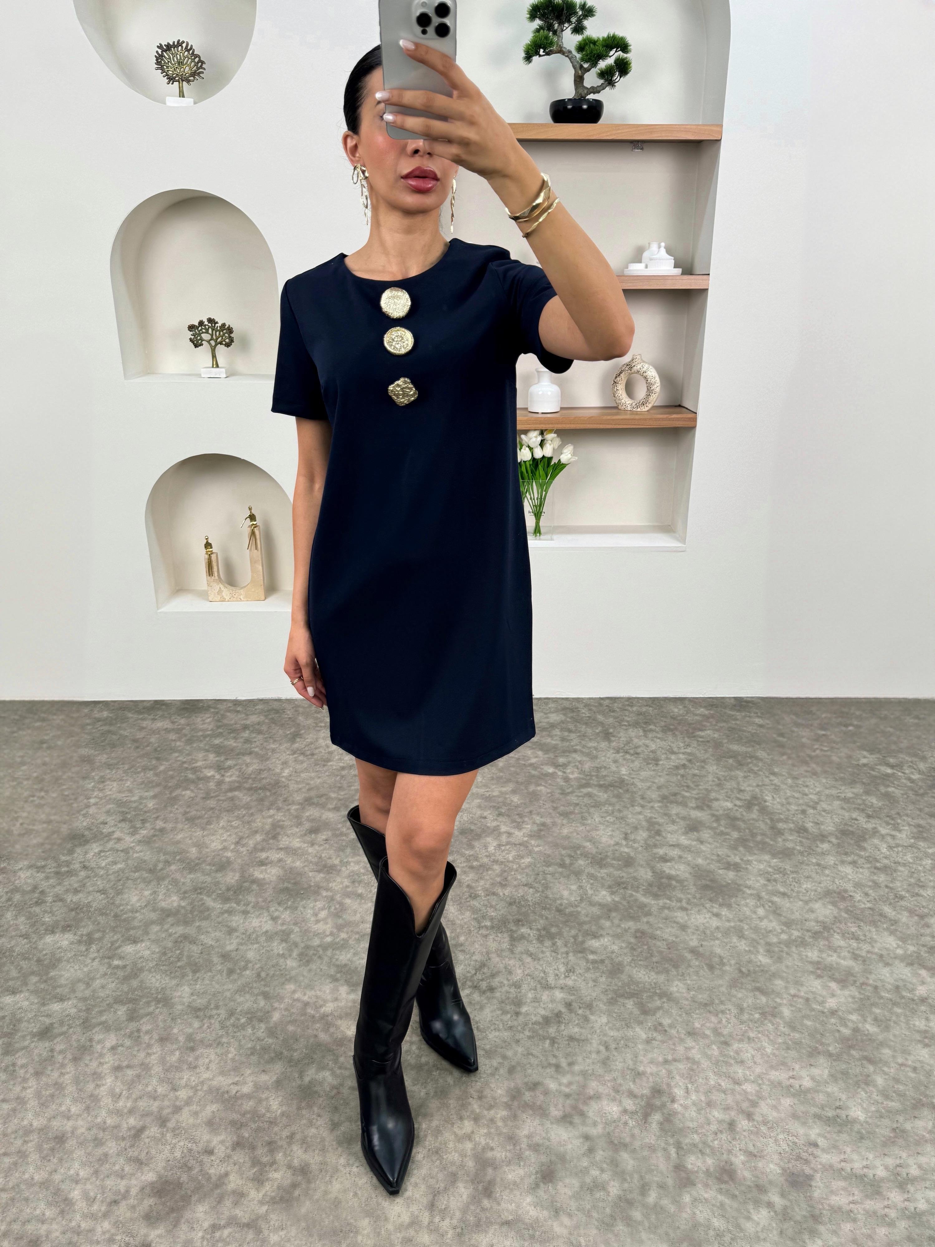 Marie Lacivert Gold Düğmeli Bisiklet Yaka ElbiseGausELBİSEGU00903459