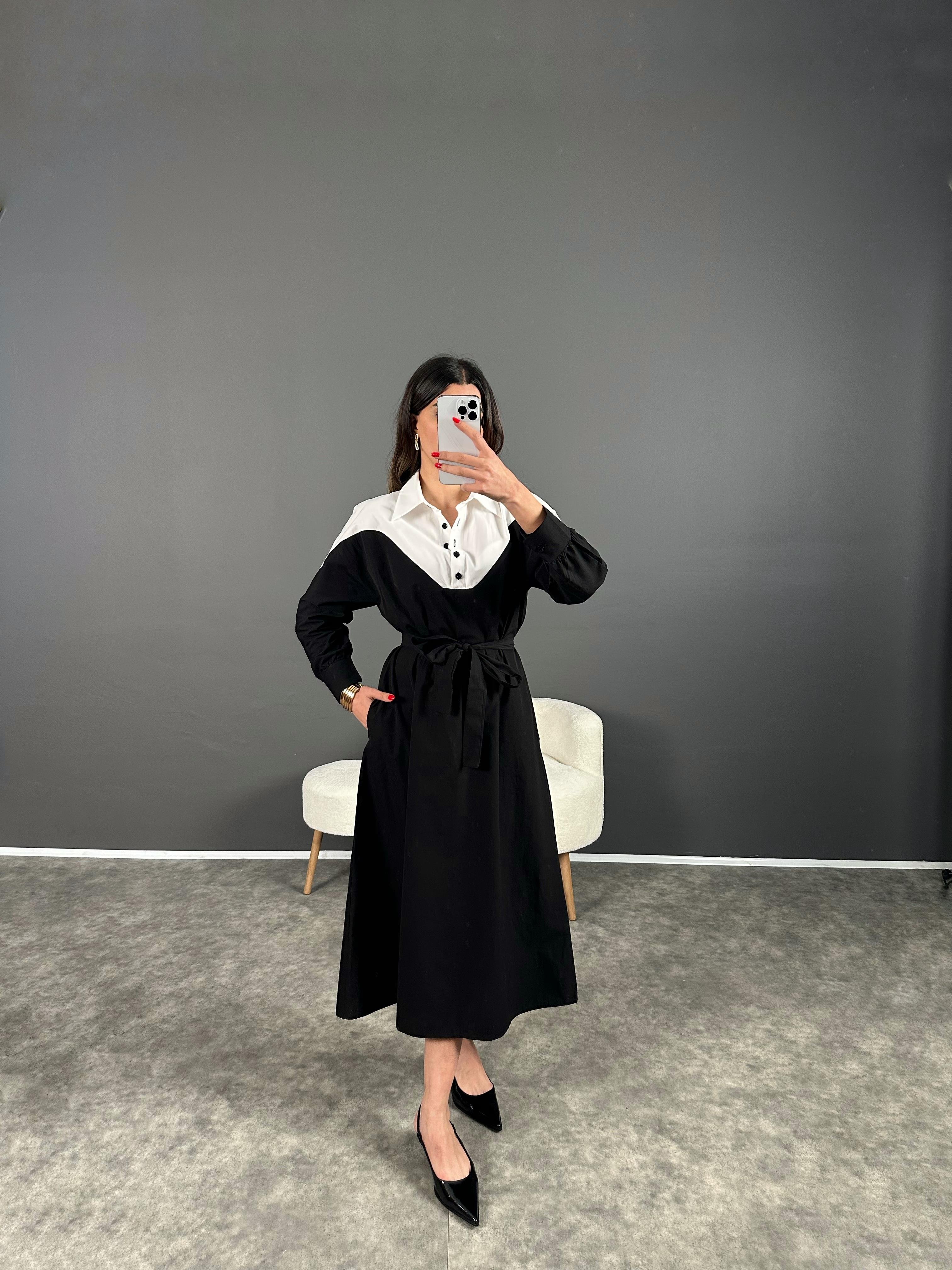 Rocio Siyah Gömlek Yaka Düğmeli Poplin Elbise GausELBİSEGU004425