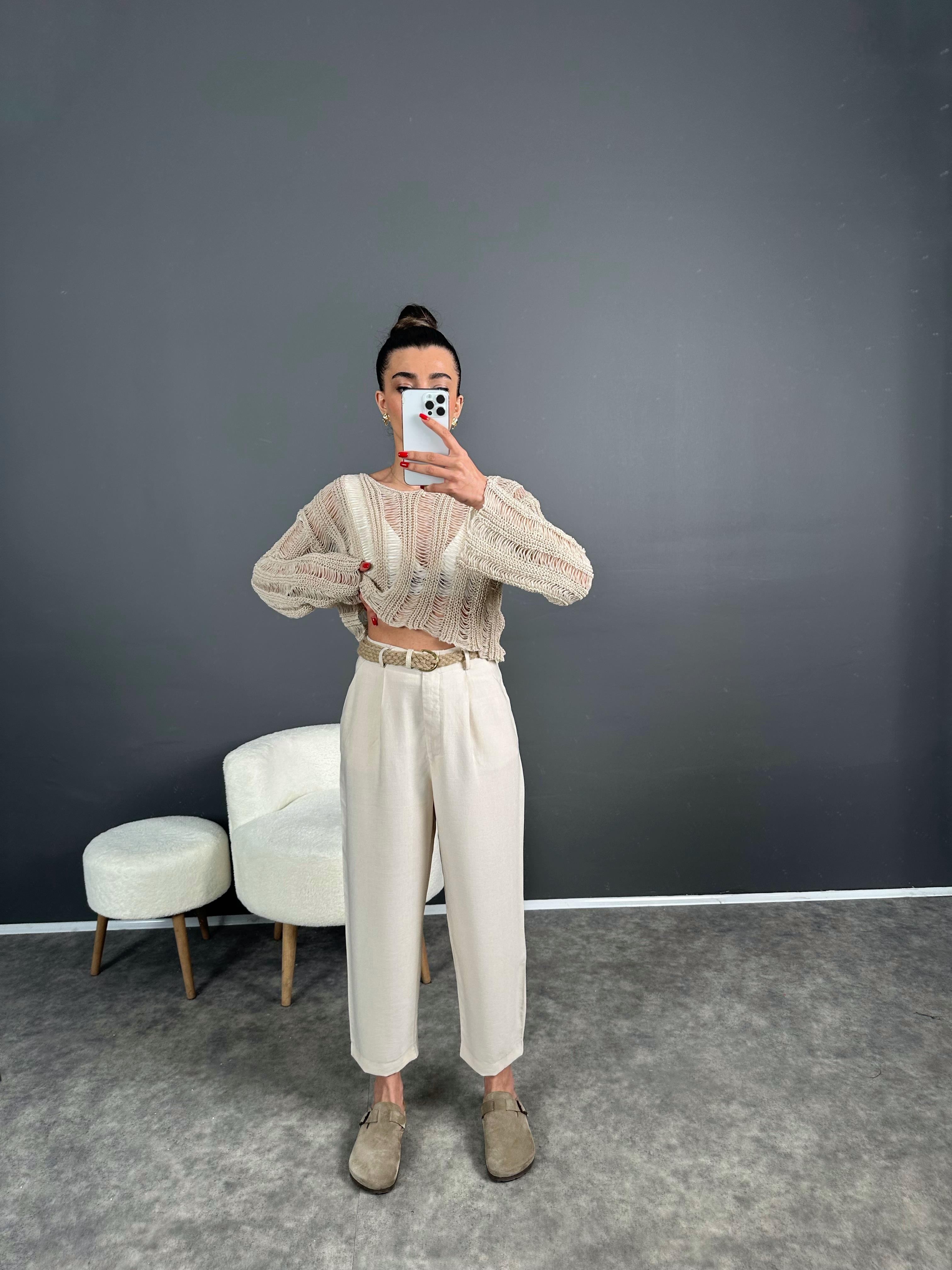 Hasır Kemerli Keten Pantolon 